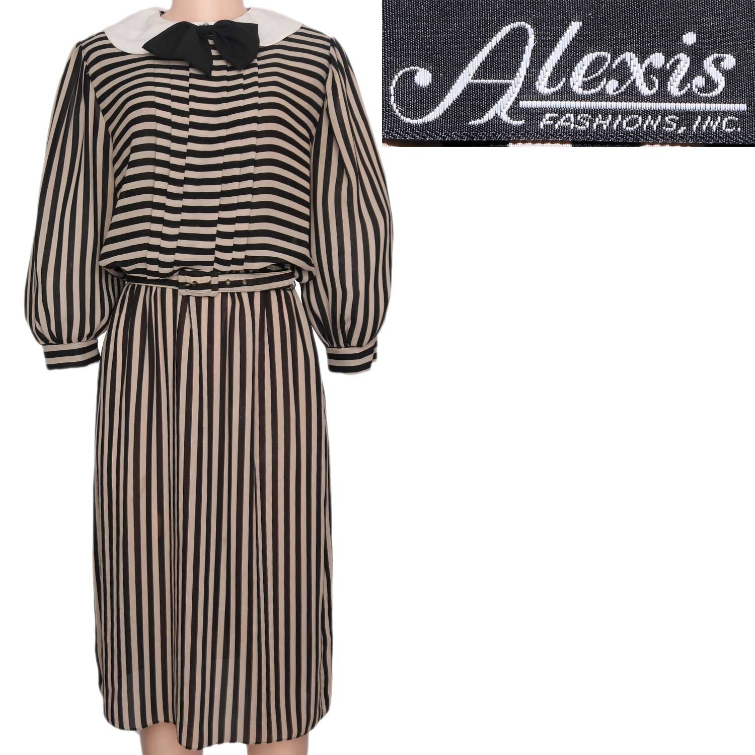1980s Vintage Dress Secretary Midi Black Stripe Chiffon Moira Rose 10