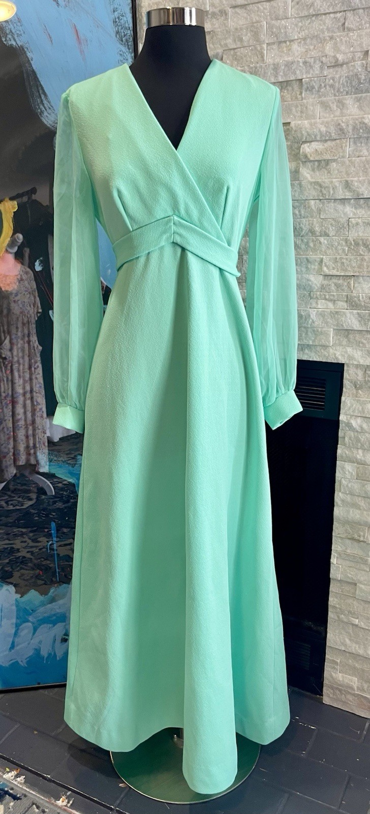 Vintage Green 1970s Hostess Dress Sheer Sleeve Belted Tie Maxi Special Occasion