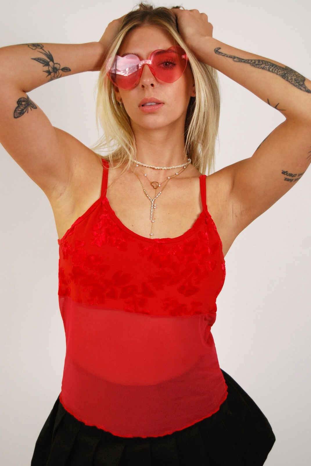 Sheer Mesh Cami (S) vintage 70s red velvet flocked small