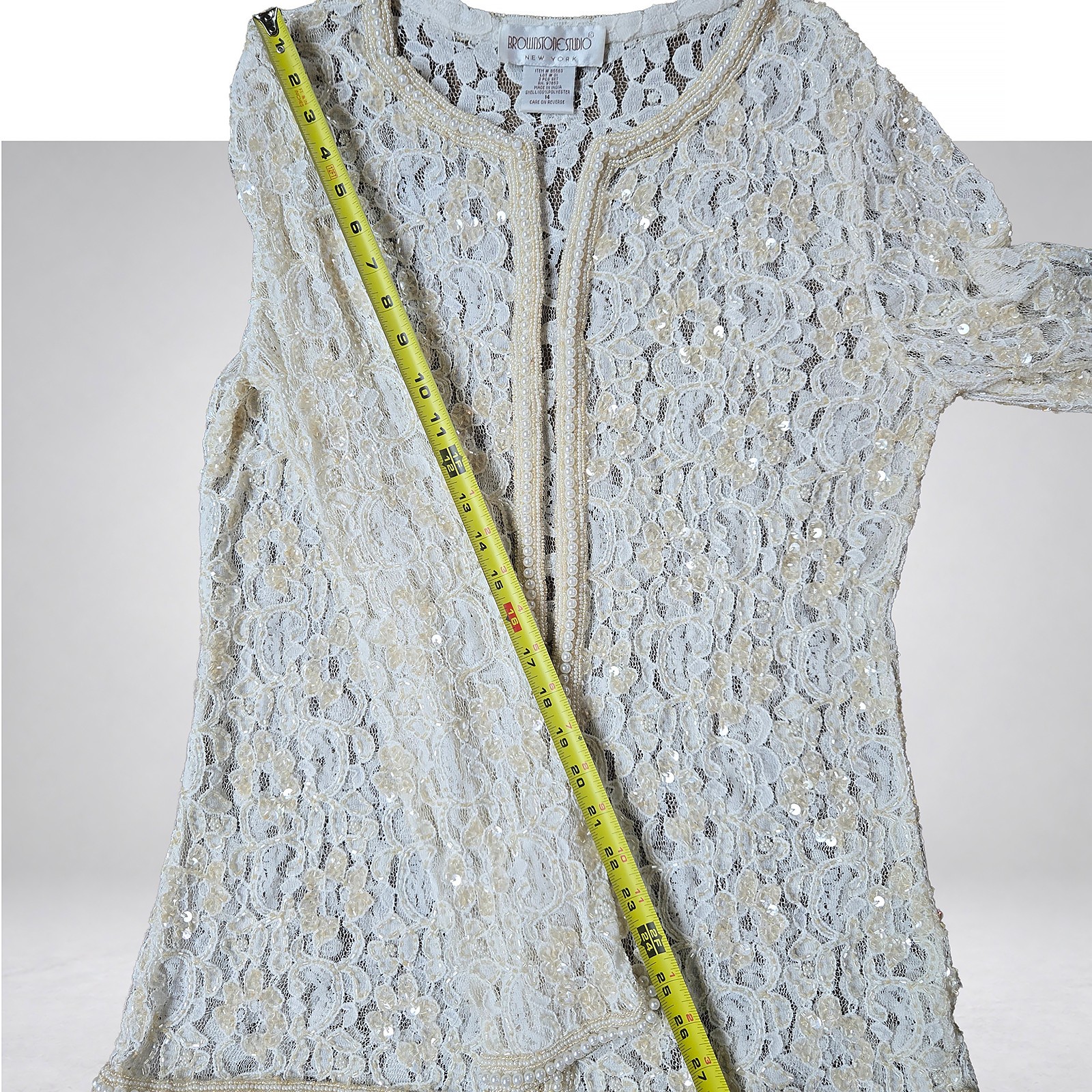Brownstone Studio New York Lace Jacket Ivory Pearl Trim Sequin Size 14