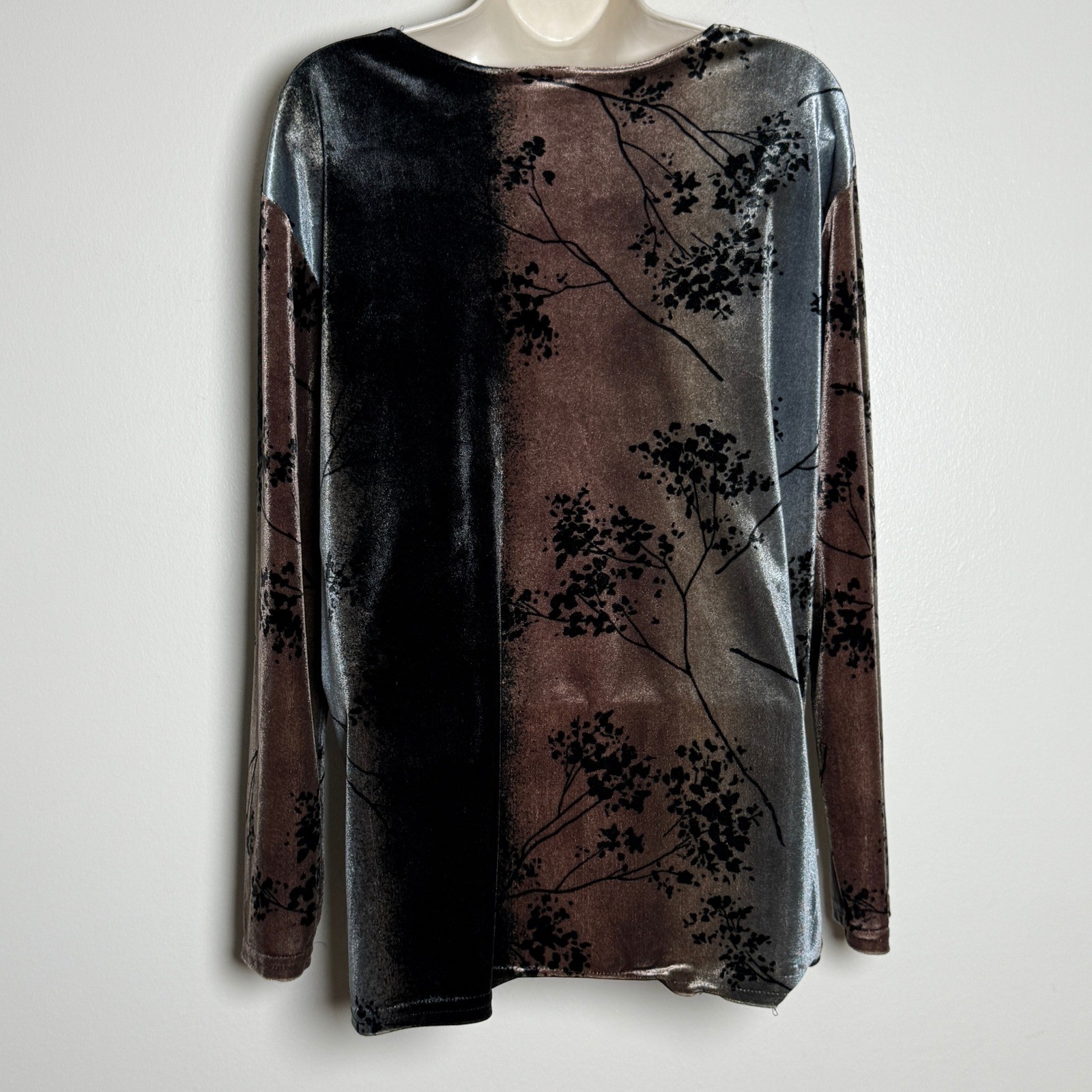 Maine USA Womens VTG Velvet Floral Ombre Top XL Silver Black Copper Whimsigoth