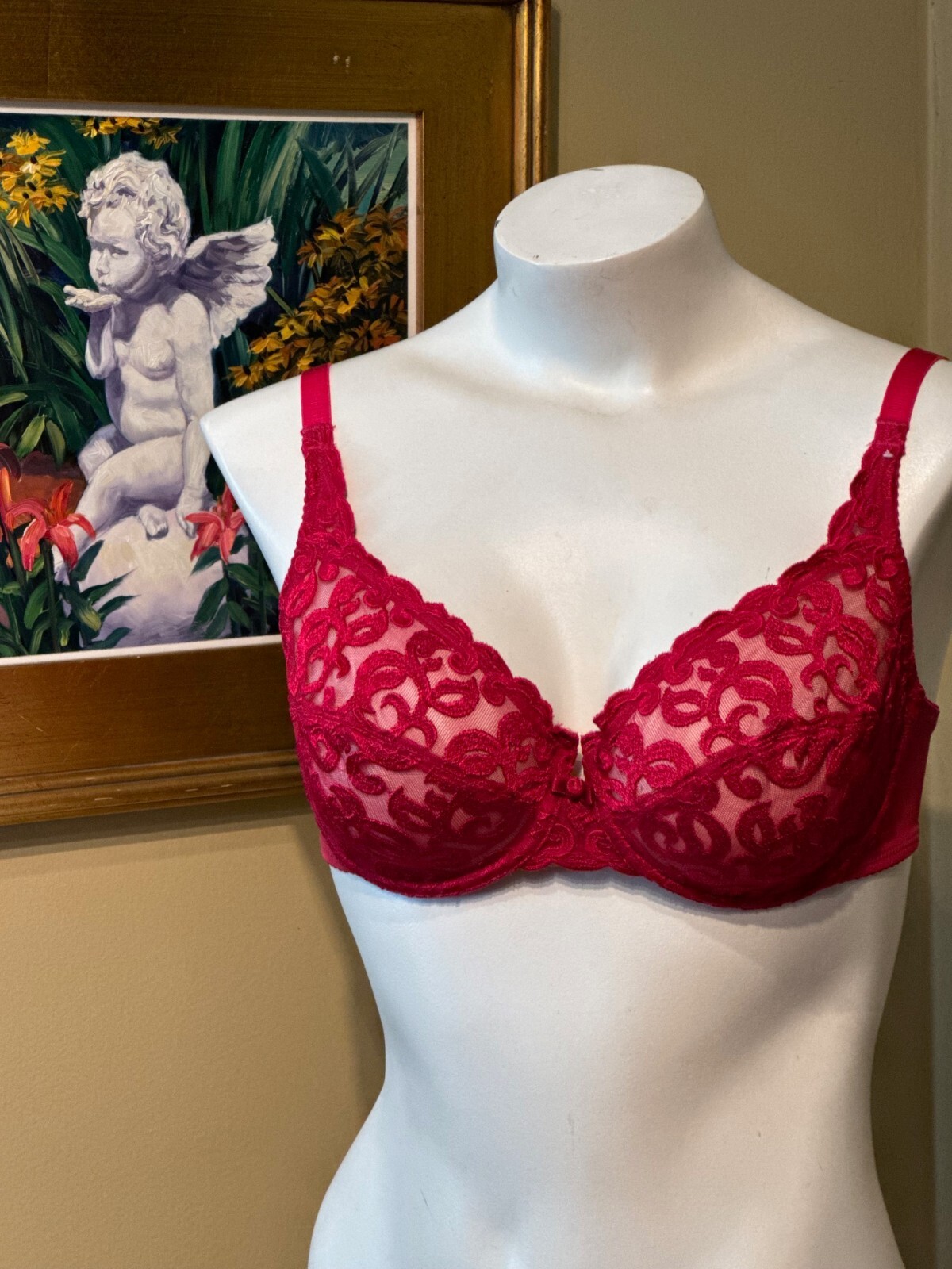 VINTAGE WACOAL 85199 ~ RED ARABESQUE SEMI SHEER FULL FIGURE UNDERWIRE BRA 34C