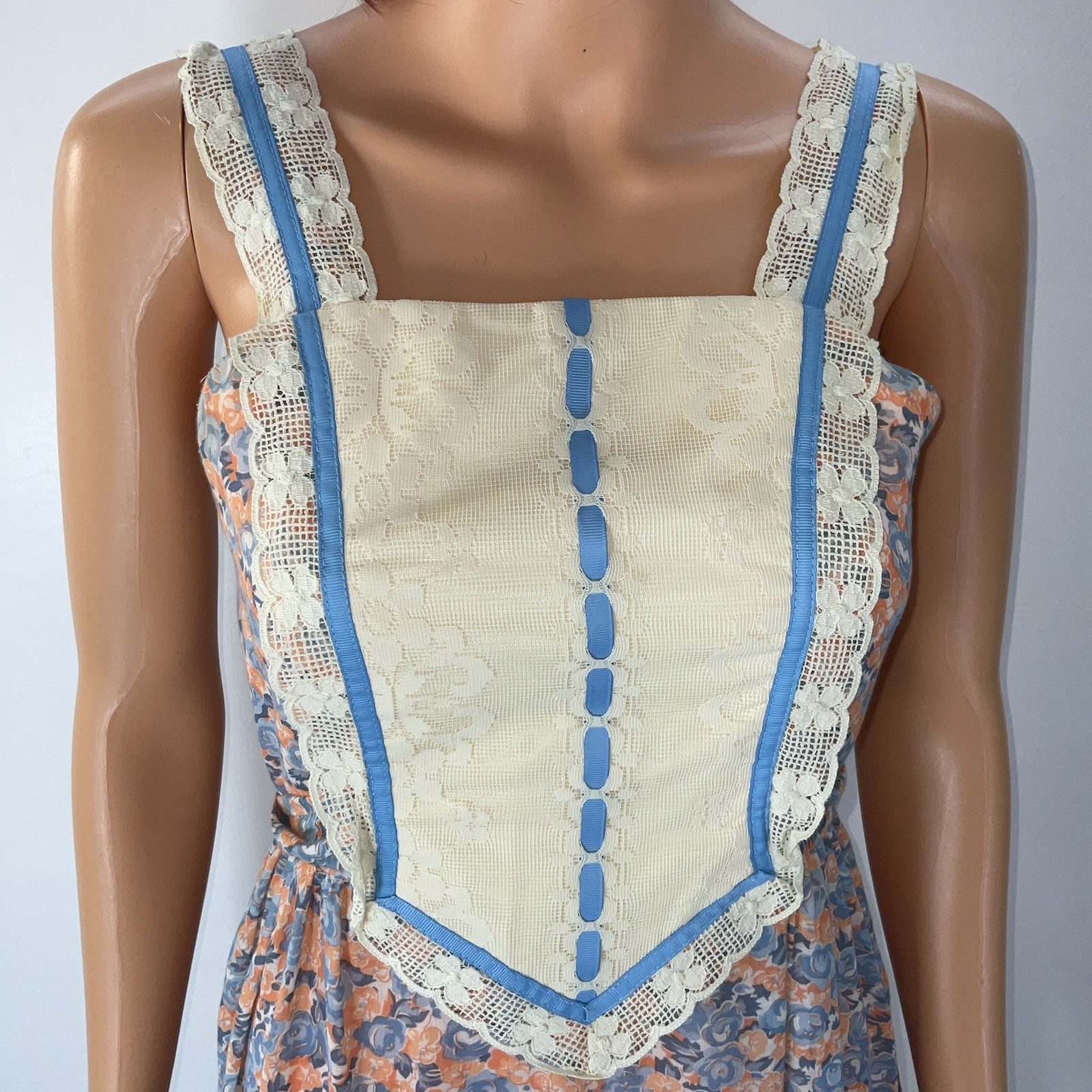 70s Praire Maxi Dress VTG Candi Jones Peach Blue Floral Lace Boho Hippie Sz 9