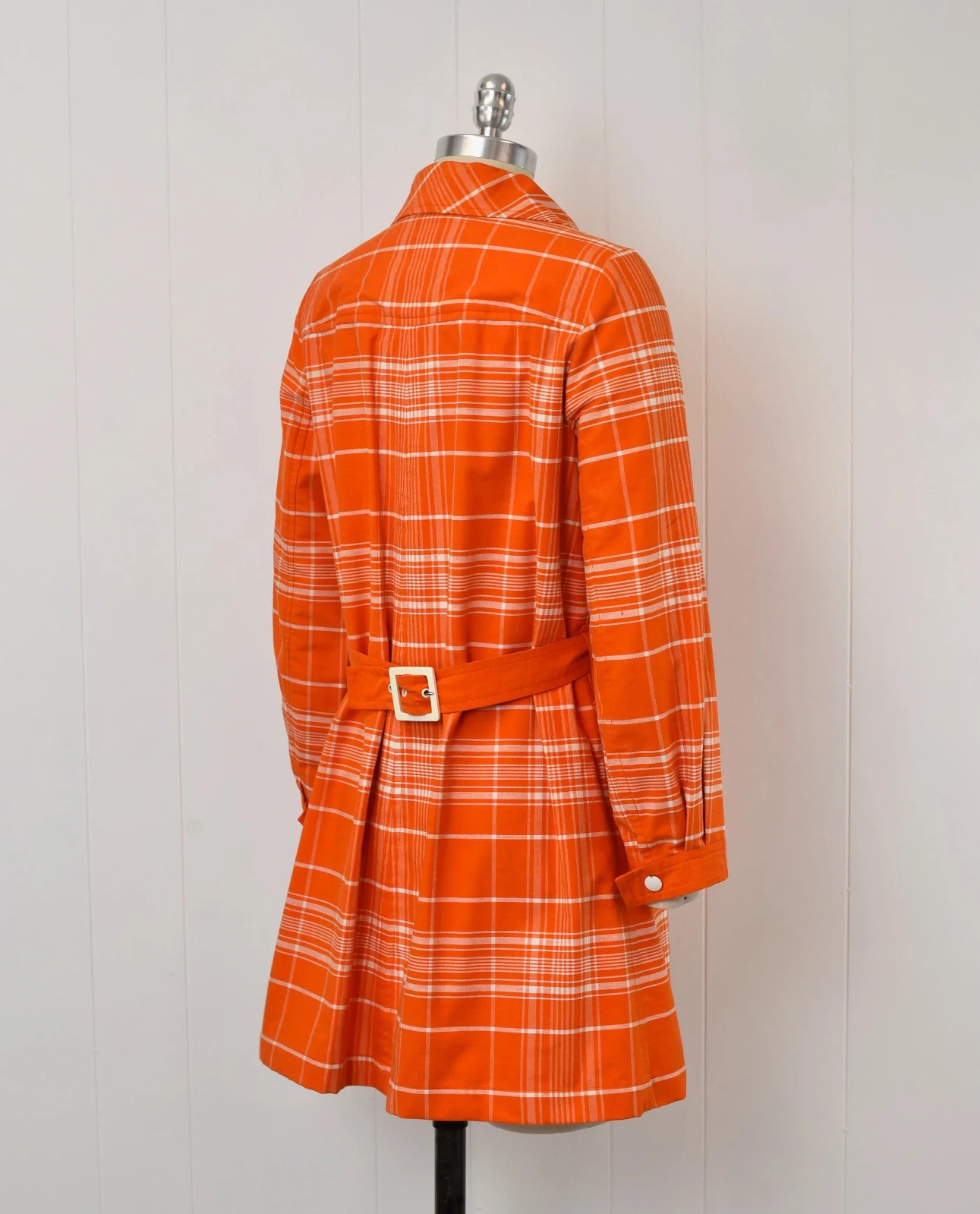 1970s Courreges Hyperbole Orange White Plaid Cotton Coat Jacket Dress