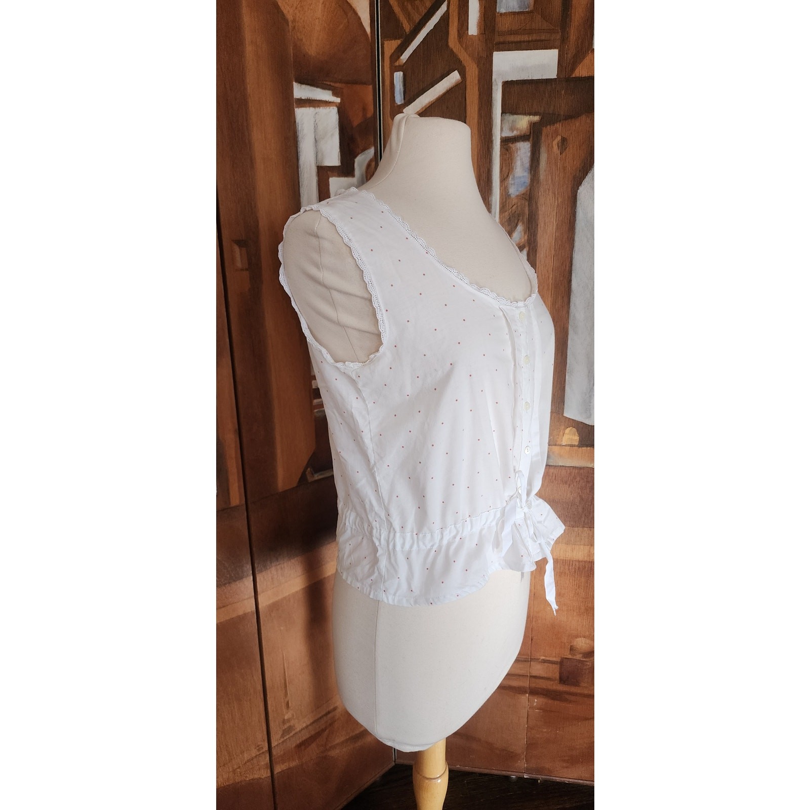 Vintage 80s Laura Ashley White Cotton Eyelet Sleeveless Top Red Micro Polka Dot