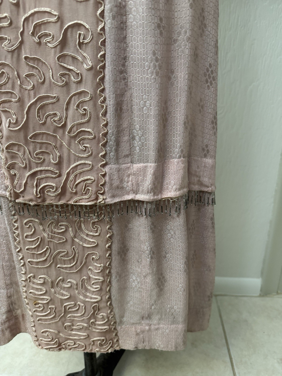 Vintage 1920s Pink Silk Jacquard Flapper Dress Soutache Bugle Bead Fringe Deco