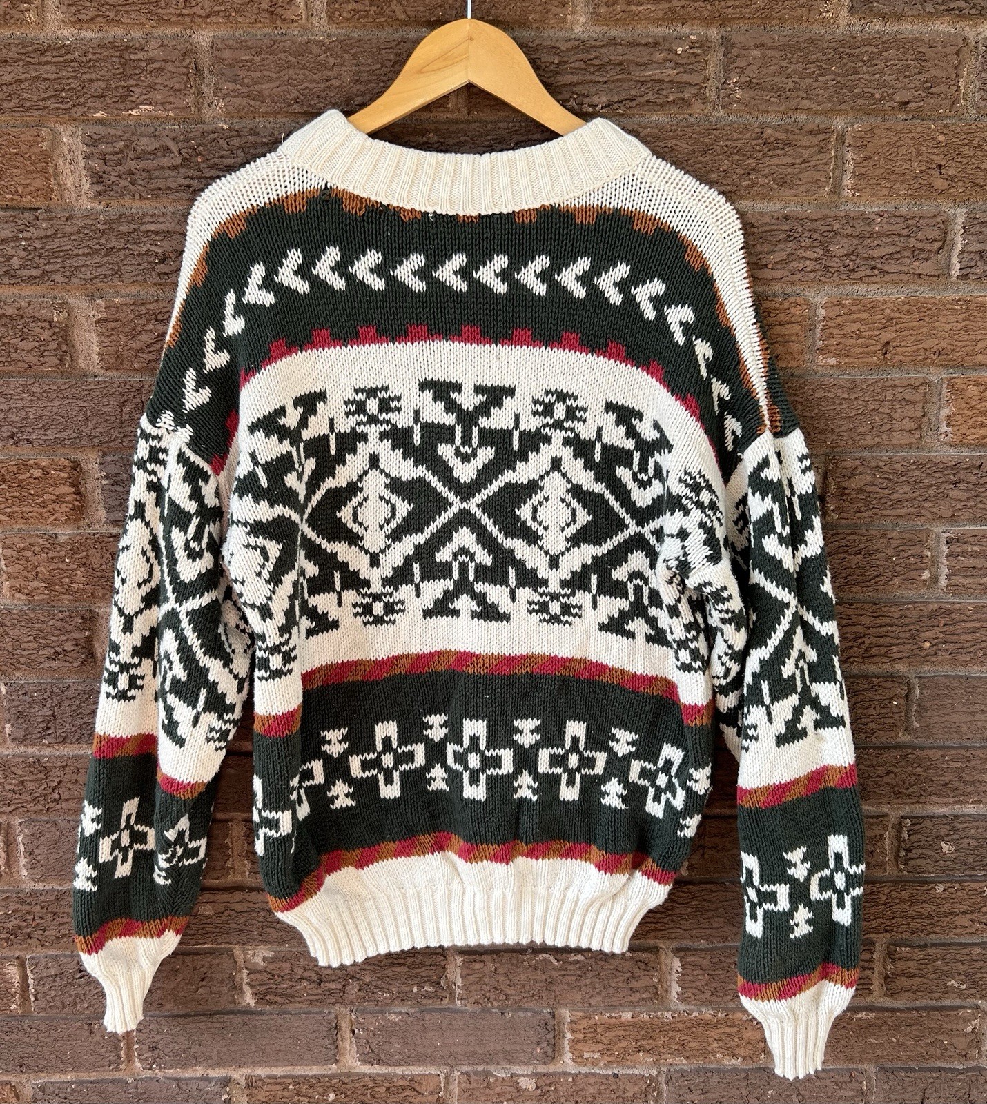 Aztec Pattern Knit Cotton Sweater Southwestern Print 80s 90s Vintage L