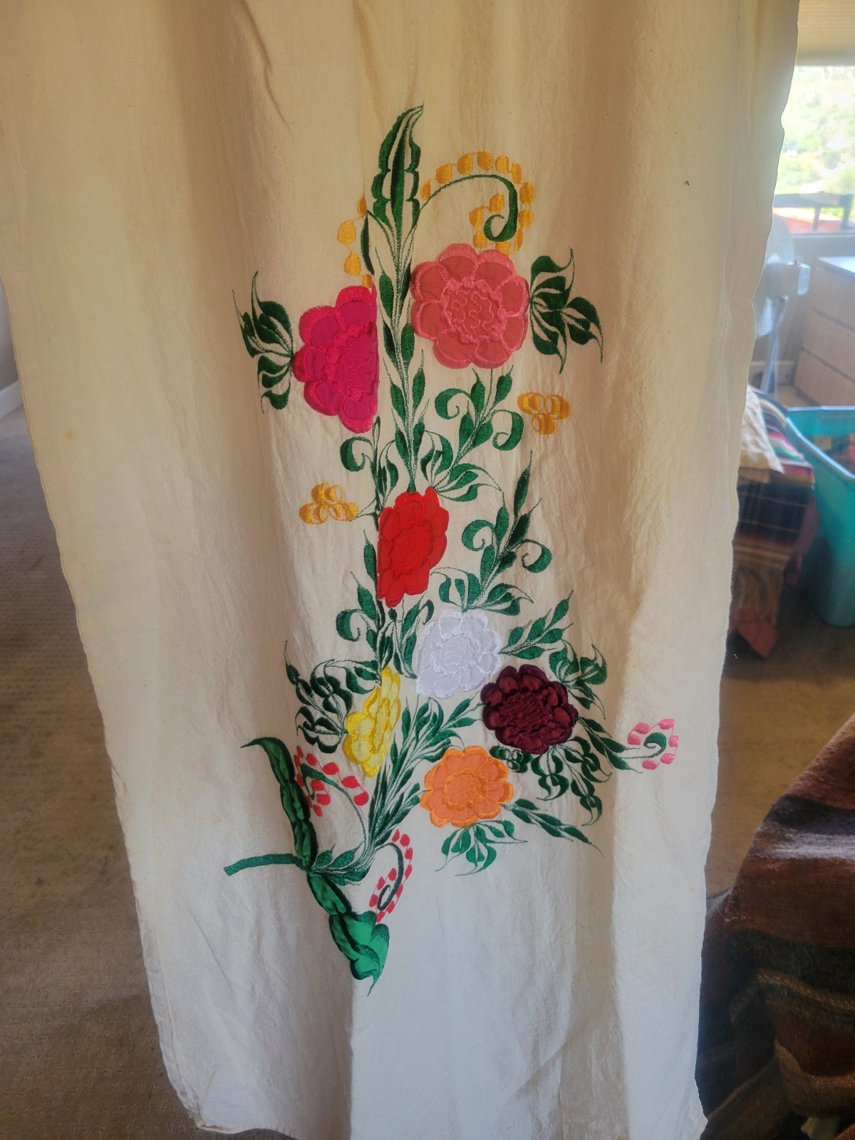 Boho Mexican Embroidered Dress Vintage, Size Small Cream W EMBROIDERED Flowers
