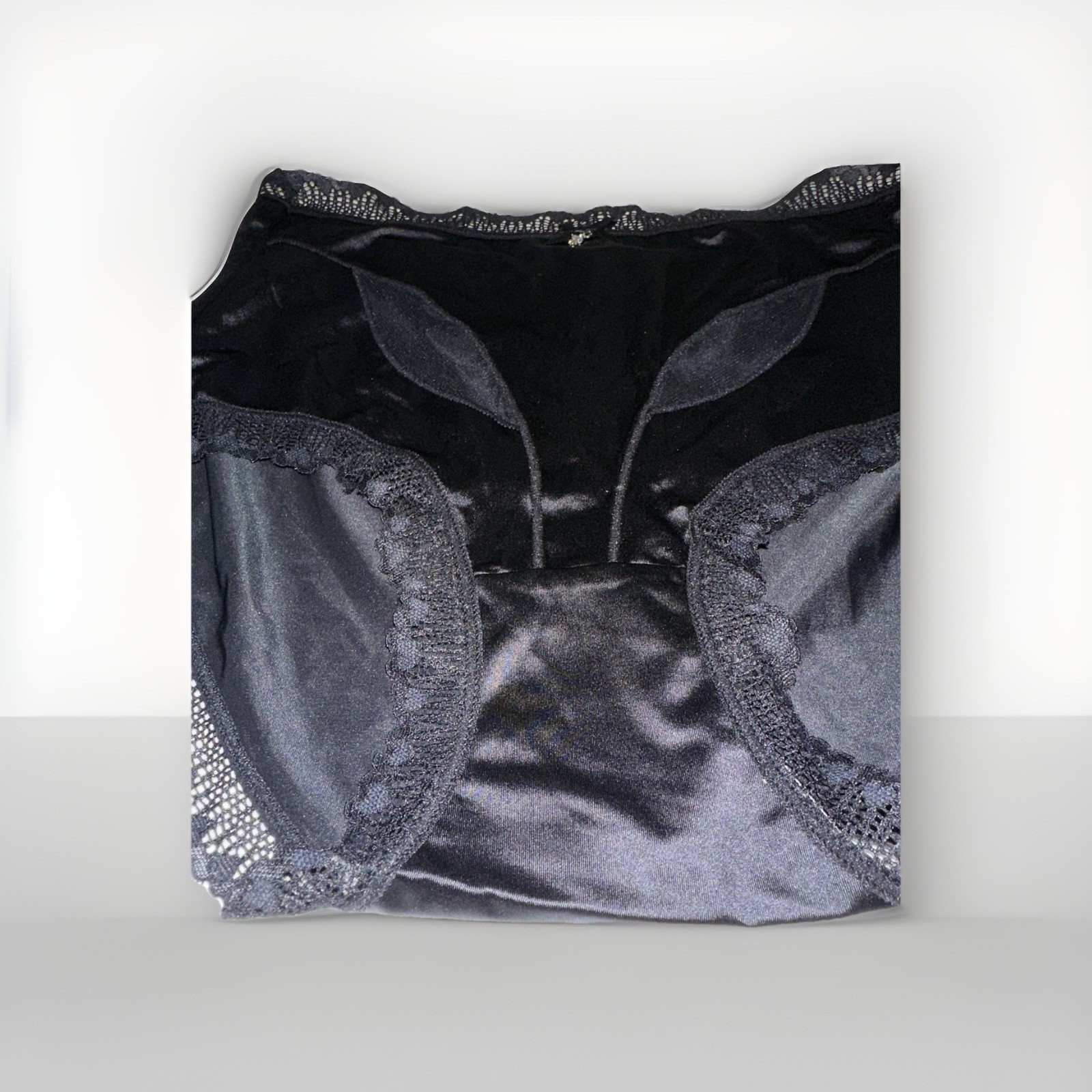 ~Shiny Large Black With Gem Nylon Lace Blended Panties W/Bow Cotton Gusset New