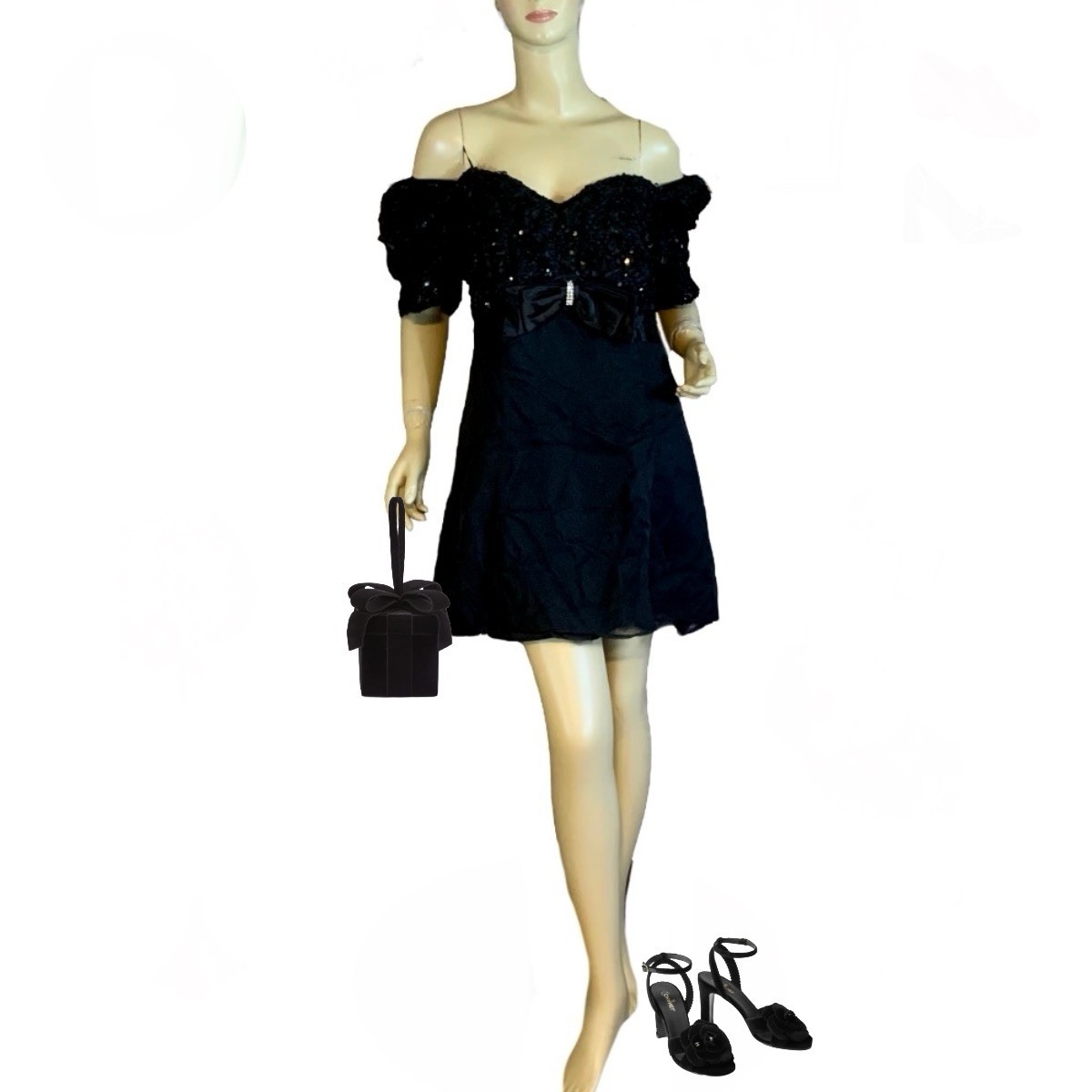 VINTAGE 1990&rsquo;S SCARLETT NITE BLACK CHIFFON & SEQUINS FORMAL DRESS SIZE 16