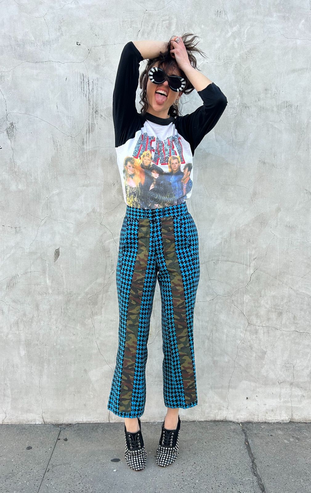 Comme Des Garcon 1990S CHUNKY WOVEN HOUNDSTOOTH & CAMO LIGHT FLARE TROUSERS Blue