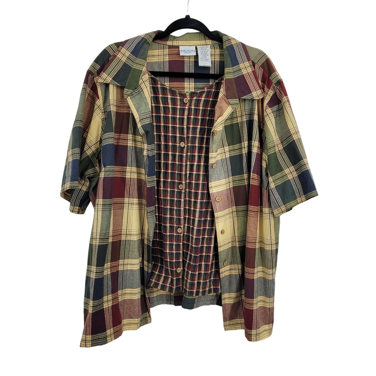 80&rsquo;s Blouse 22W 24W Country Plaid Layered Smocked Sleeveless Short Sleeve Button