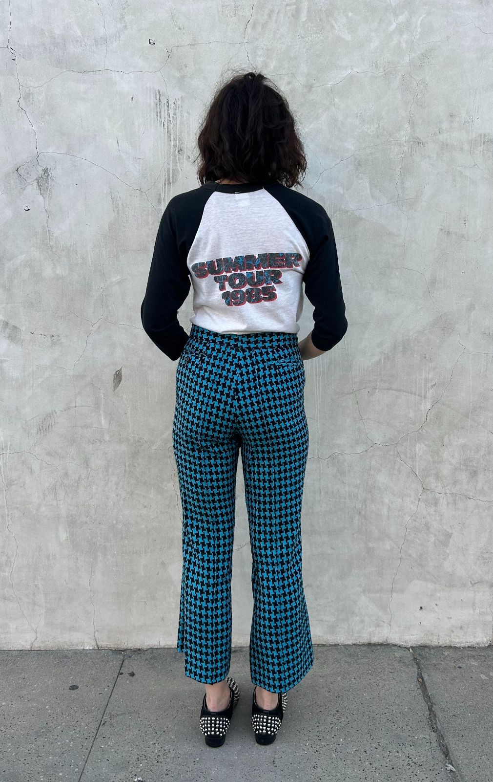 Comme Des Garcon 1990S CHUNKY WOVEN HOUNDSTOOTH & CAMO LIGHT FLARE TROUSERS Blue