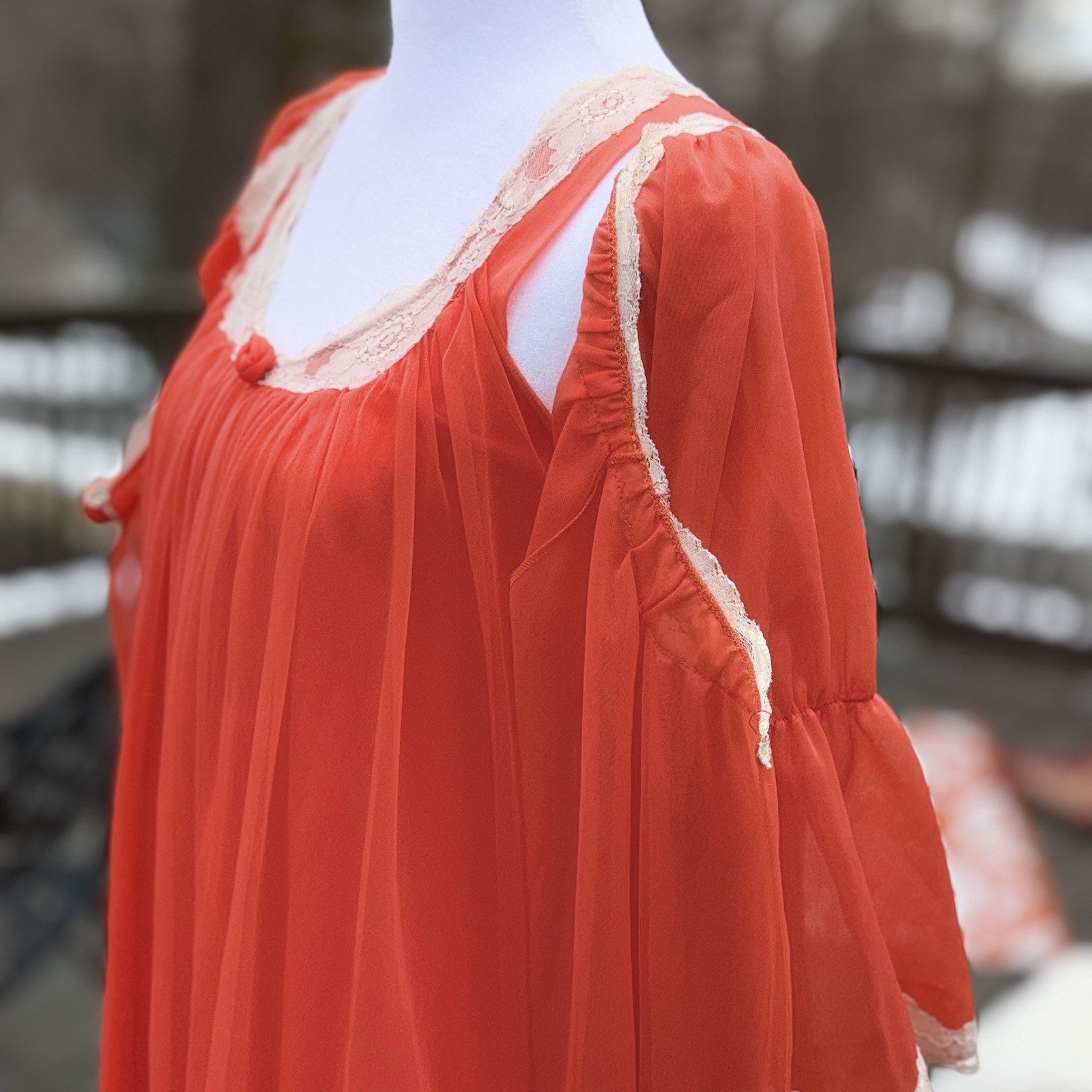 Vtg Intime Nightgown & Robe Double Chiffon Peignoir Set Flame Orange Sweep S M +
