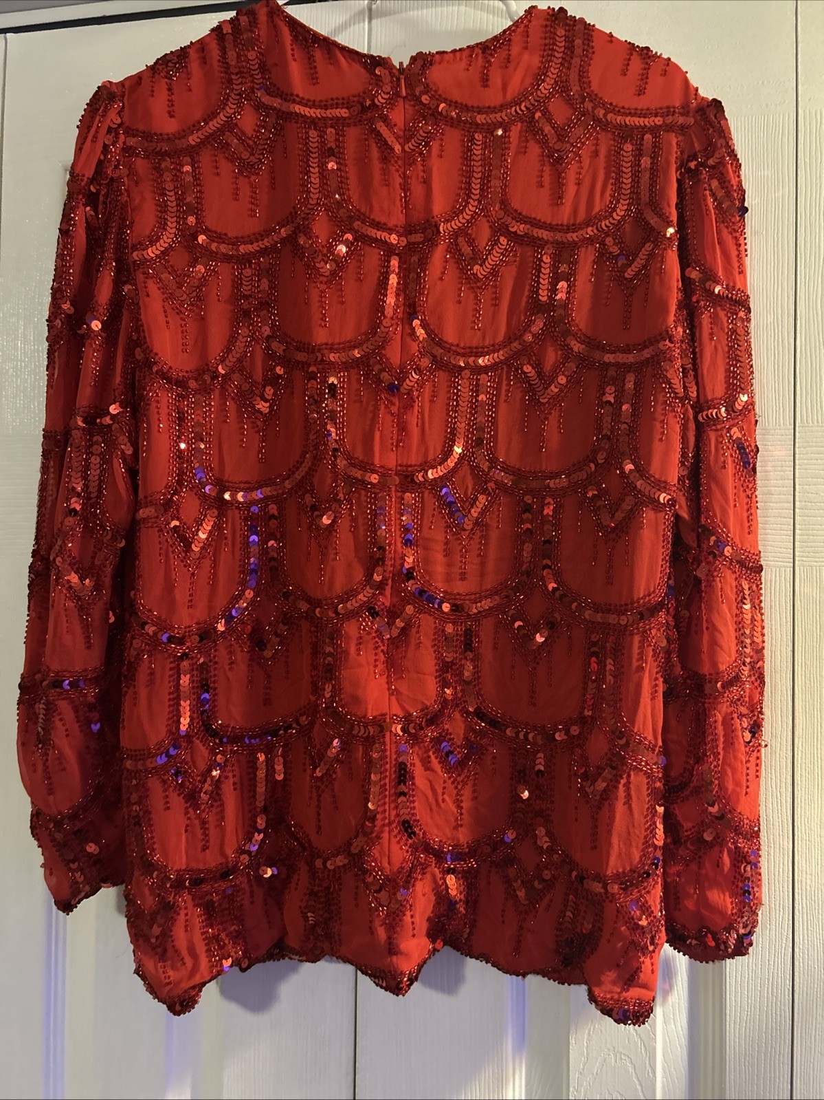 Vintage Niteline Silk Red Blouse Beaded Sequin Medium Christmas Holiday Party