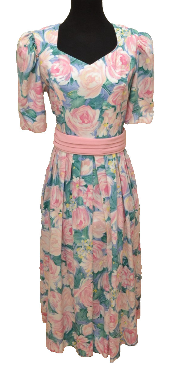 Vintage Lanz 80’s Dress Floral Fit & Flare Puff Sleeves Belted Sz 10 USA