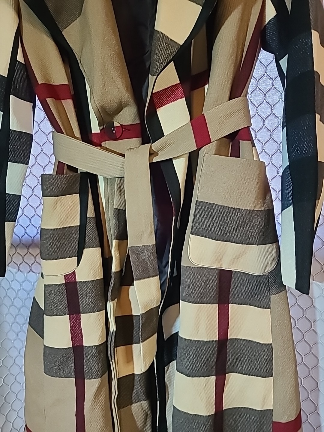Vintage Allaiyou Classic Plaid Trench Overcoat Women L Belted London Look Rayon