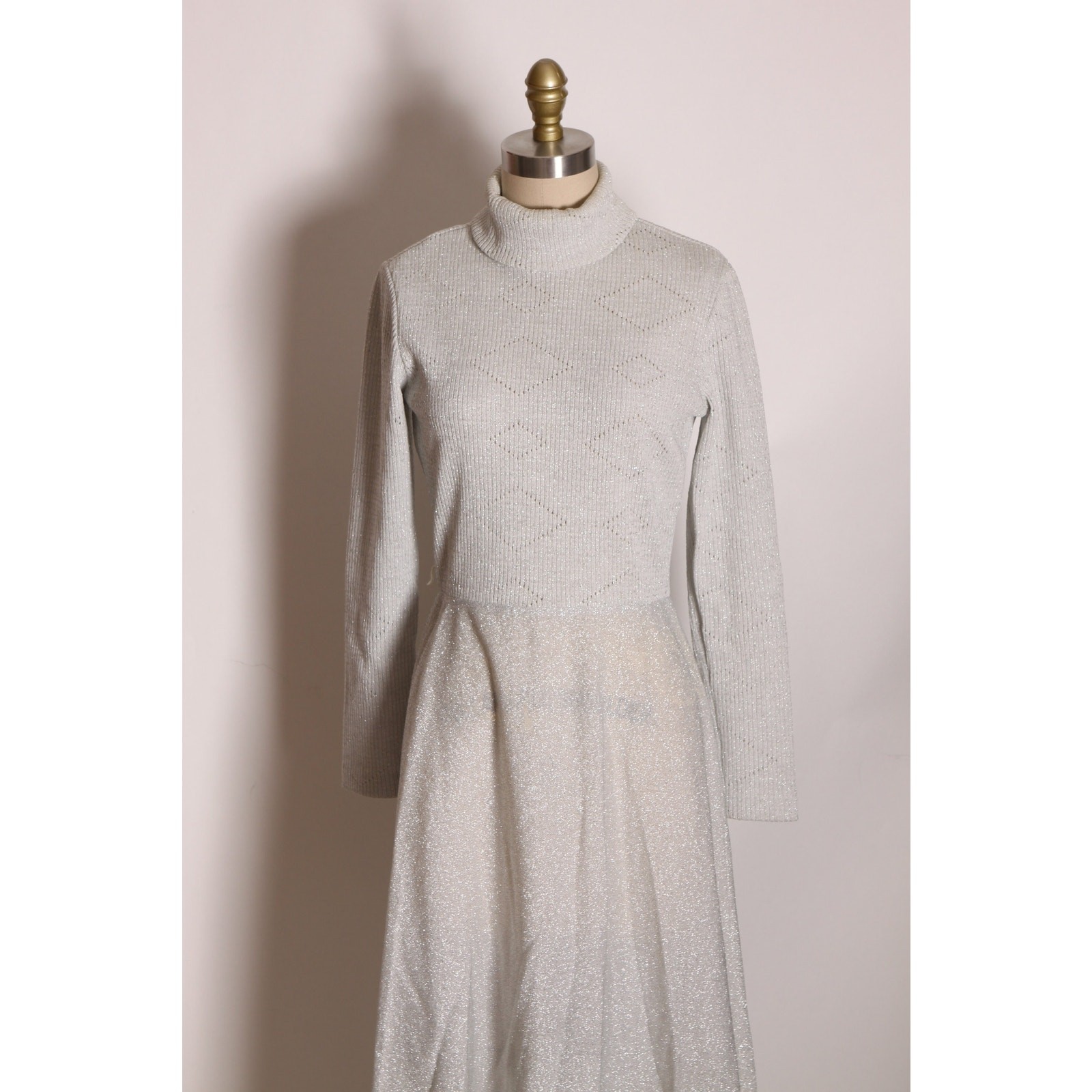 1970s Long Sleeve Turtleneck Silver Lurex Sweater Dress by Joseph Magnin