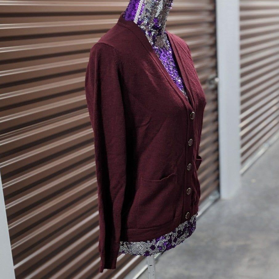 Vintage Scotland 100% Lambswool Cardigan Button Up Burgundy C;assic Knit UK 14