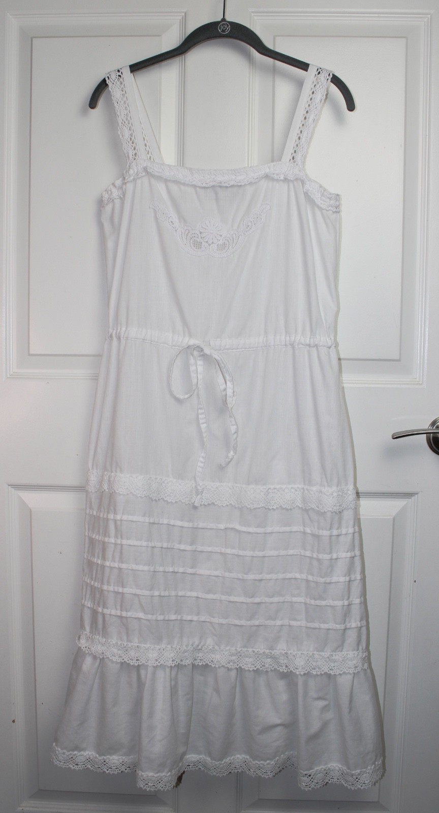 VTG 80s Young Edwardian Arpeja White Cotton Crochet Lace Sundress Tie Pullover M