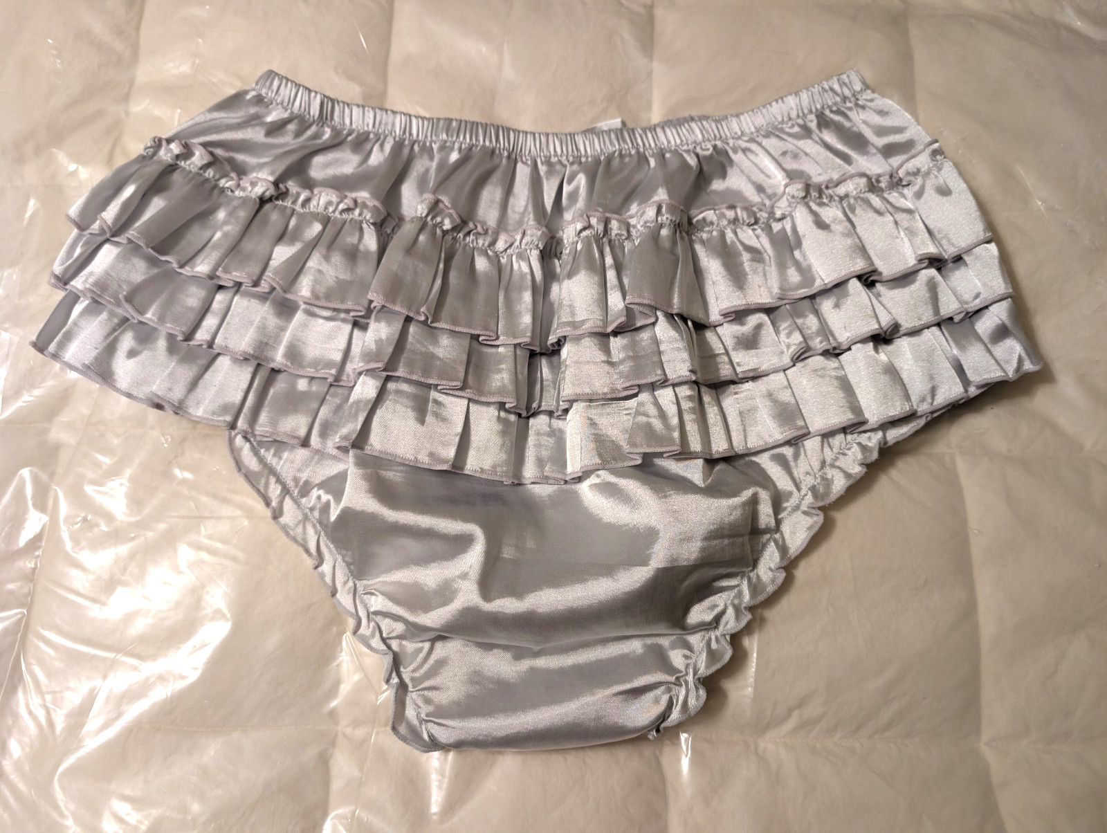 Satini Frilly Silver Sissy Ruffled French Knickers Silky Satin