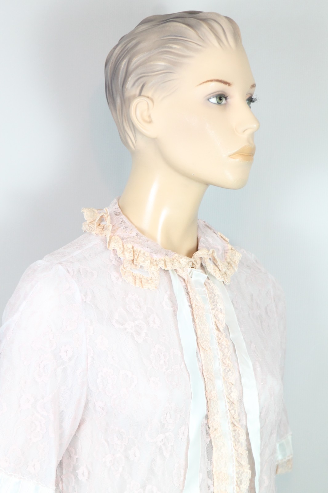 Vtg ODETTE BARSA Blue Pink Ruffles Layered Lace Bed Jacket Dress Robe S
