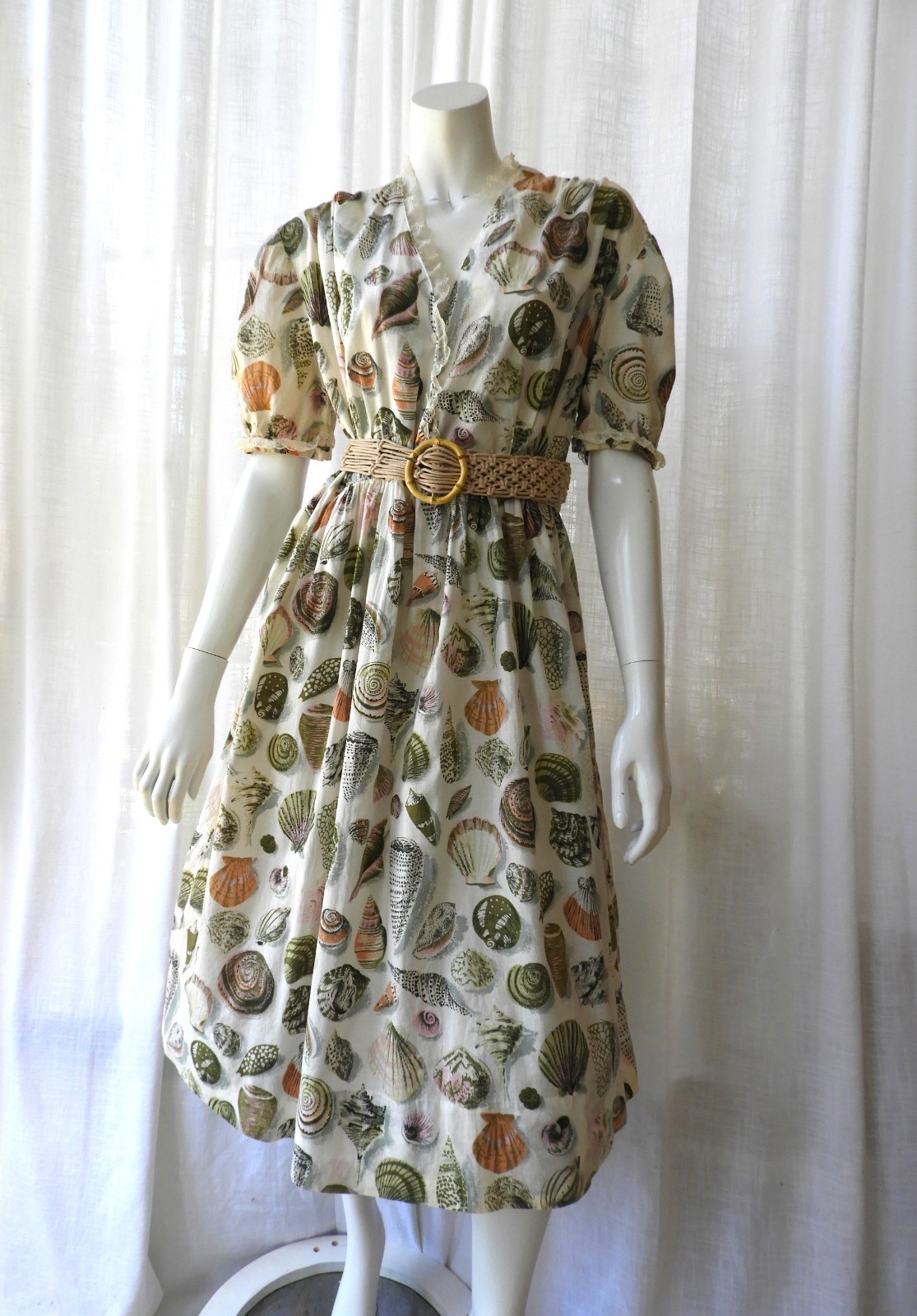 Vtg 1950&rsquo;s Cotton Sea Shell SS Dress Homemade Fit n Flare sz M/L