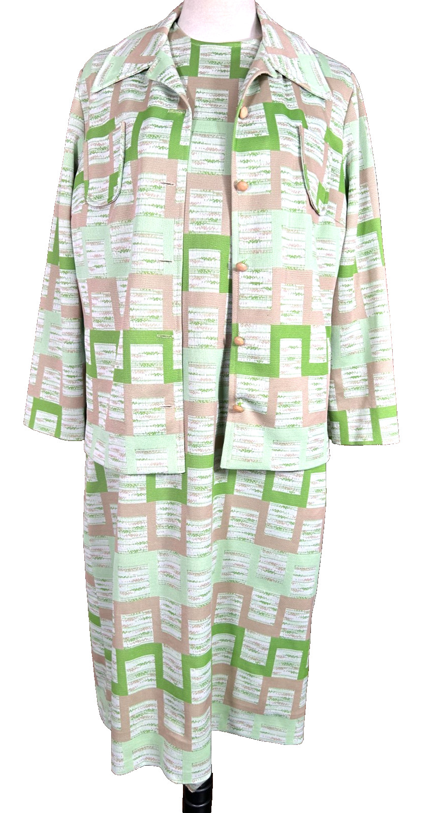 Vtg 70s Handmade Geometric Matching 2-Pc Knit Dress Jacket Dagger Secretary Suit