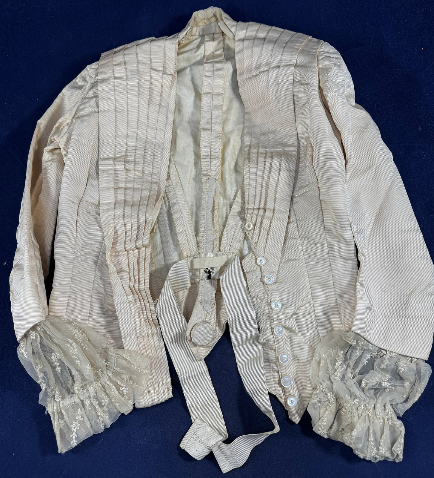 Victorian Pleated Ivory Silk Faille Embroidered Cuffs Wedding Gown Bridal Bodice