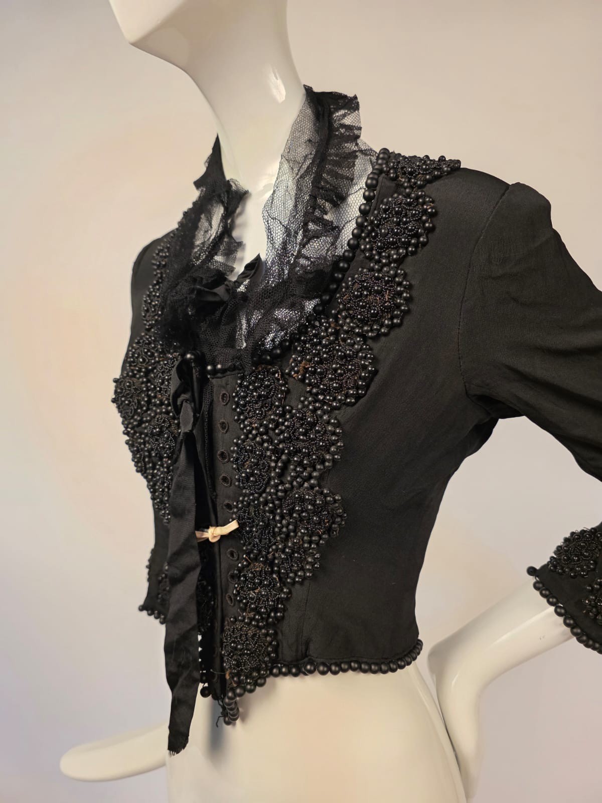 VICTORIAN 1890’S BLACK SILK BODICE W BUBBLE GLASS BEADING + CORSET LACING FRONT
