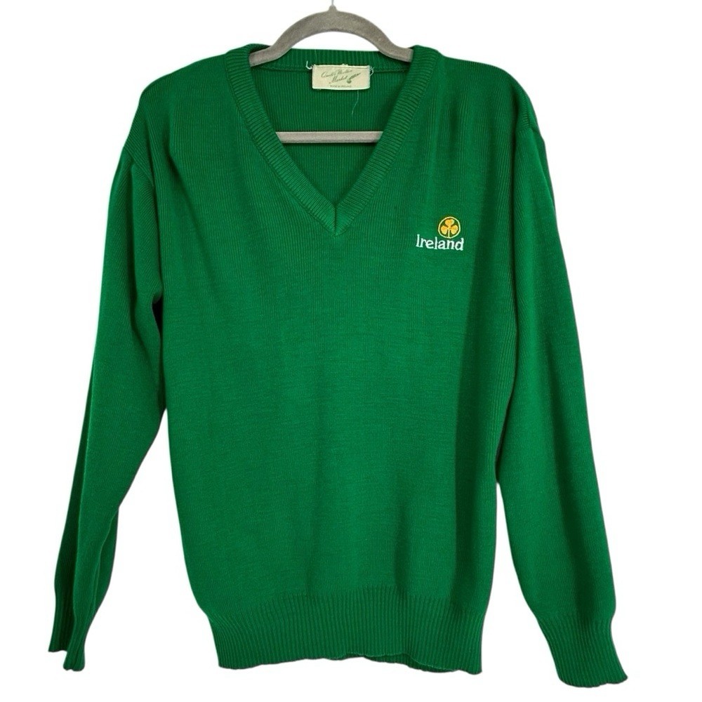 Vintage Quill’s Woollen Market Irish V‑Neck Sweater Emerald 46″ Made in Ireland