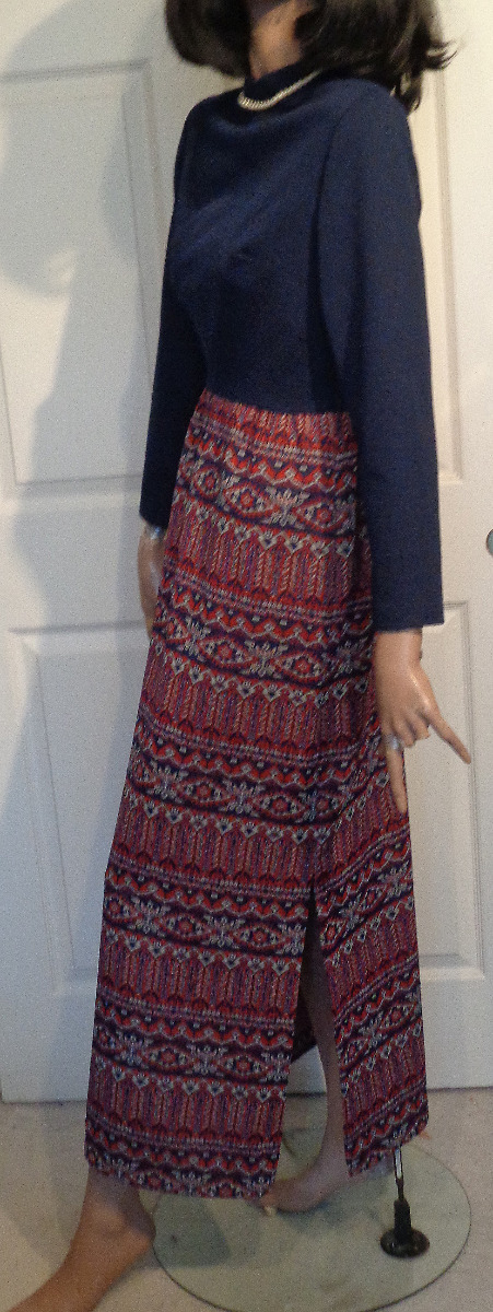 Vintage Long Polyester Knit Red Blue Hostess Dress B36 A Yardley Fashion 10