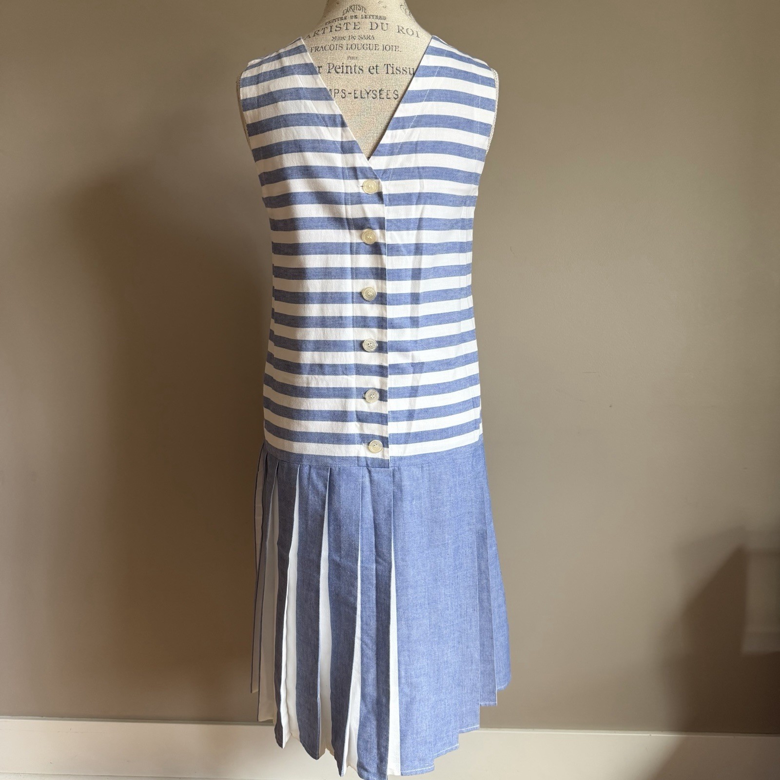 Vintage Blue Stripe Chambray Drop Waist Dress Small Retro Flapper Coastal Preppy