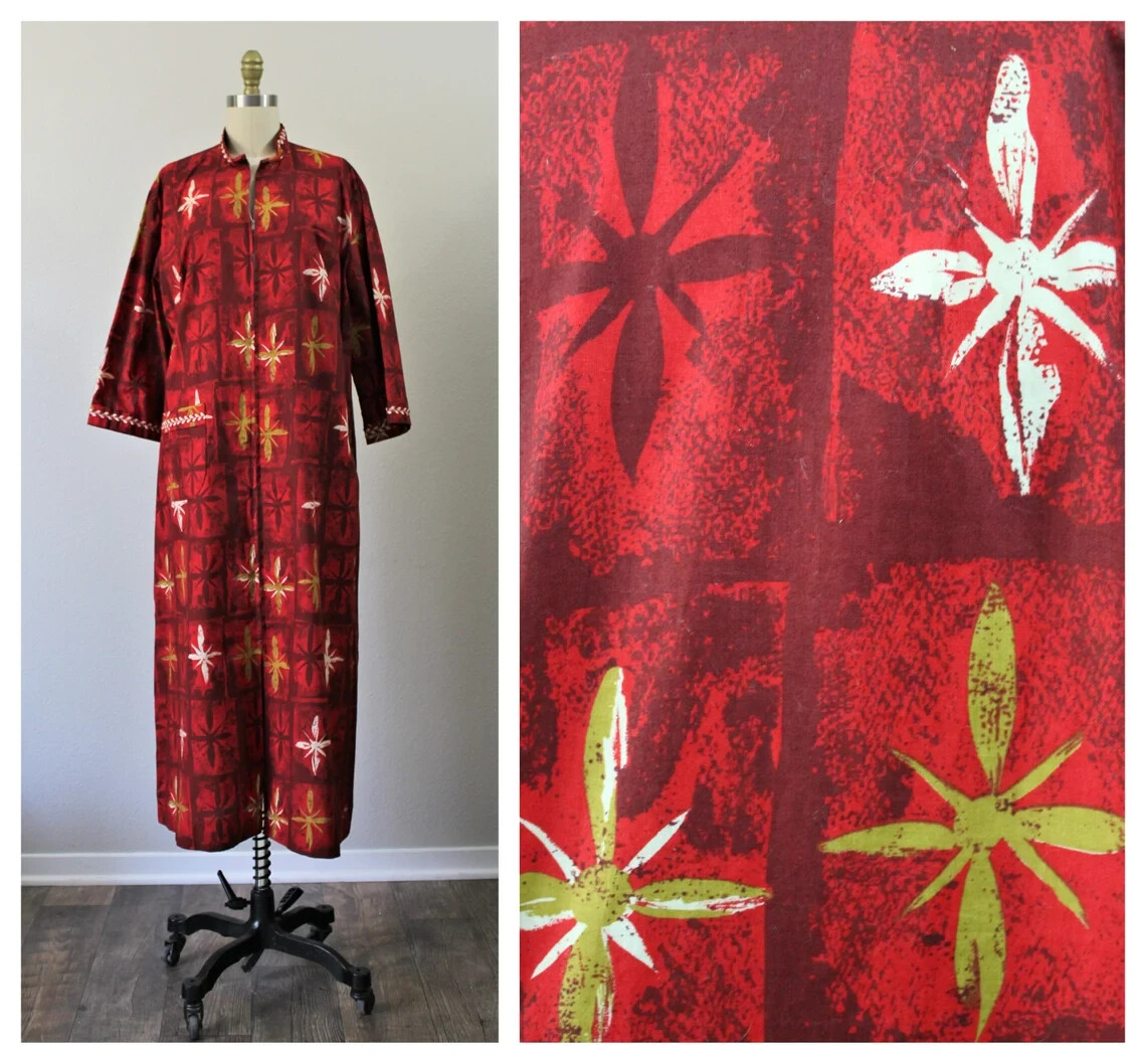 VTG Best 40s 50s Atomic Starburst Lounger zip front day house Dress Frock NOS