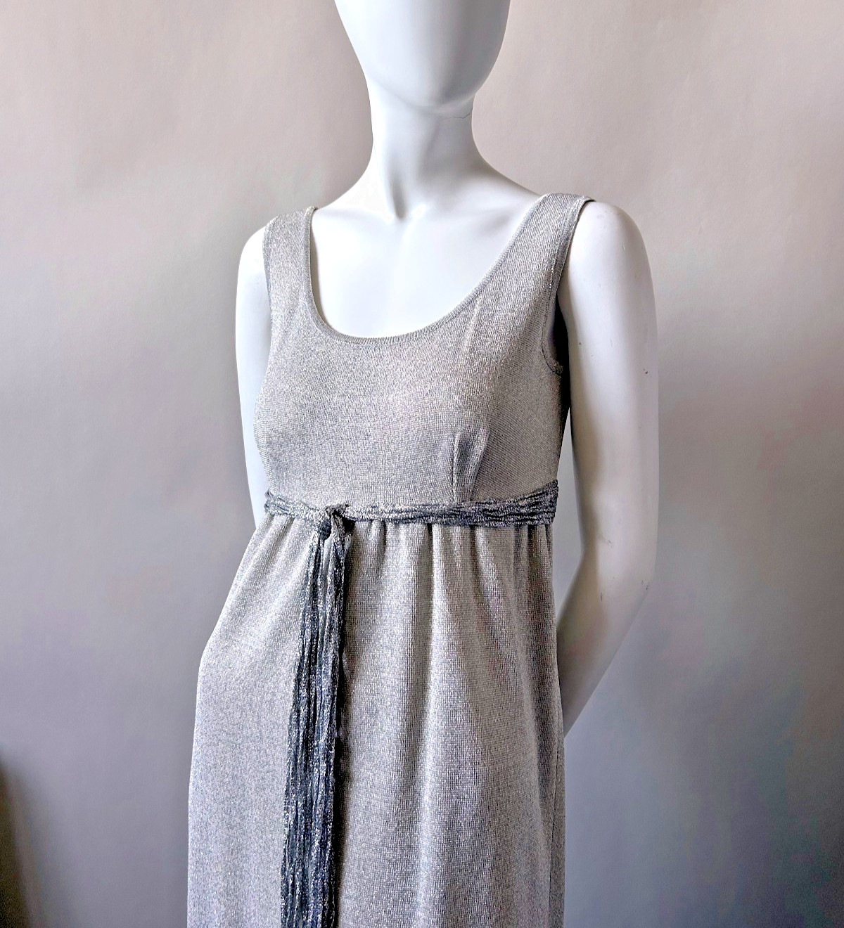 Vintage 1960s Silver Lurex Knit Gown Empire Bust sz XS S Palm Royale Mod Evening