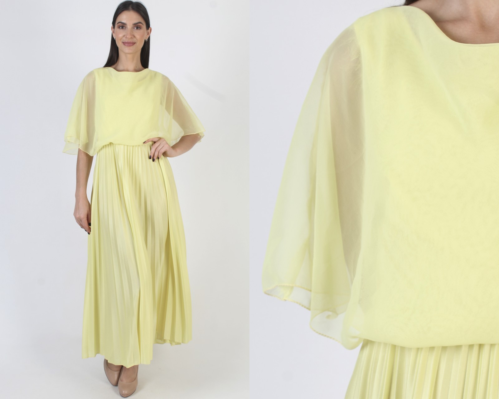 Vtg 70s Yellow Chiffon Disco Dress Grecian Goddess Ancient Roman Toga Party Gown
