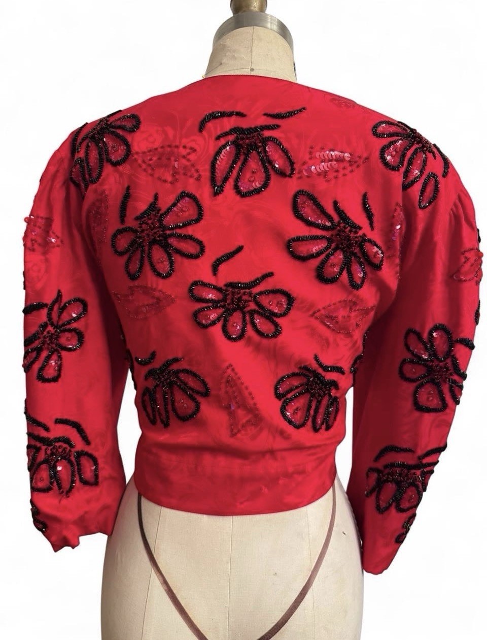 Vintage Red silk puff sleeve Beaded sequin Button down floral bolero jacket coat