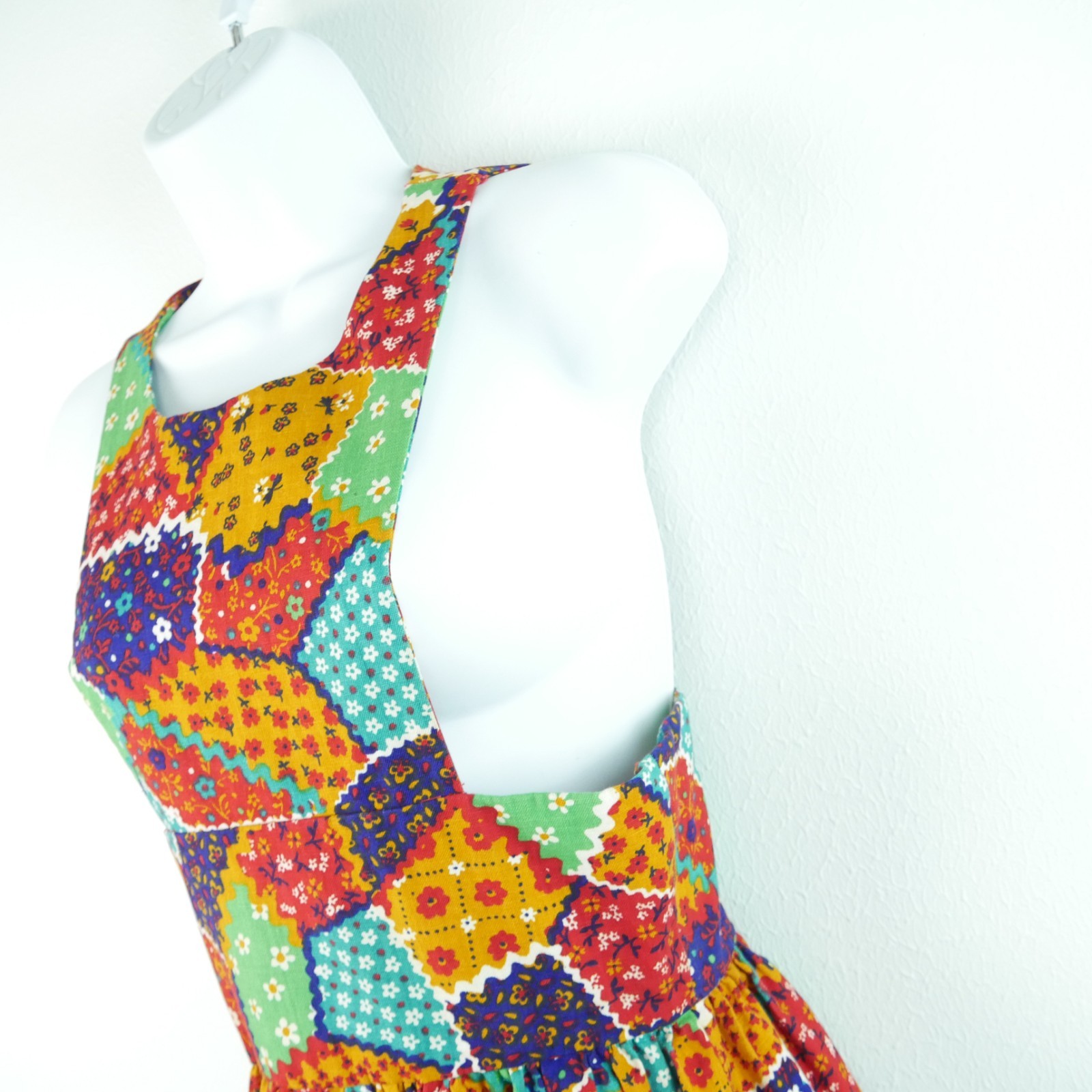 Vintage 70s Pinafore Maxi Dress Apron Patchwork XS S Cottagecore Prairie Ruffle