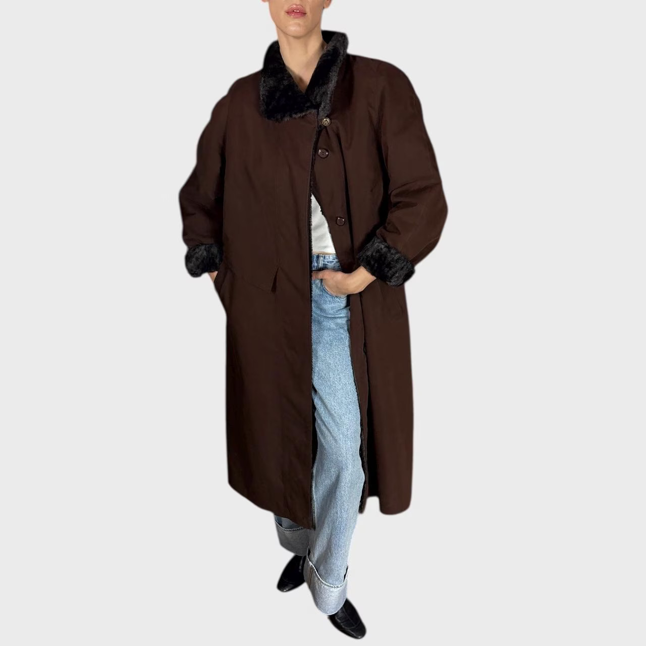 Vintage Dark Brown Trench Coat | Faux Fur Lined Winter Coat | Size EU42 / US10