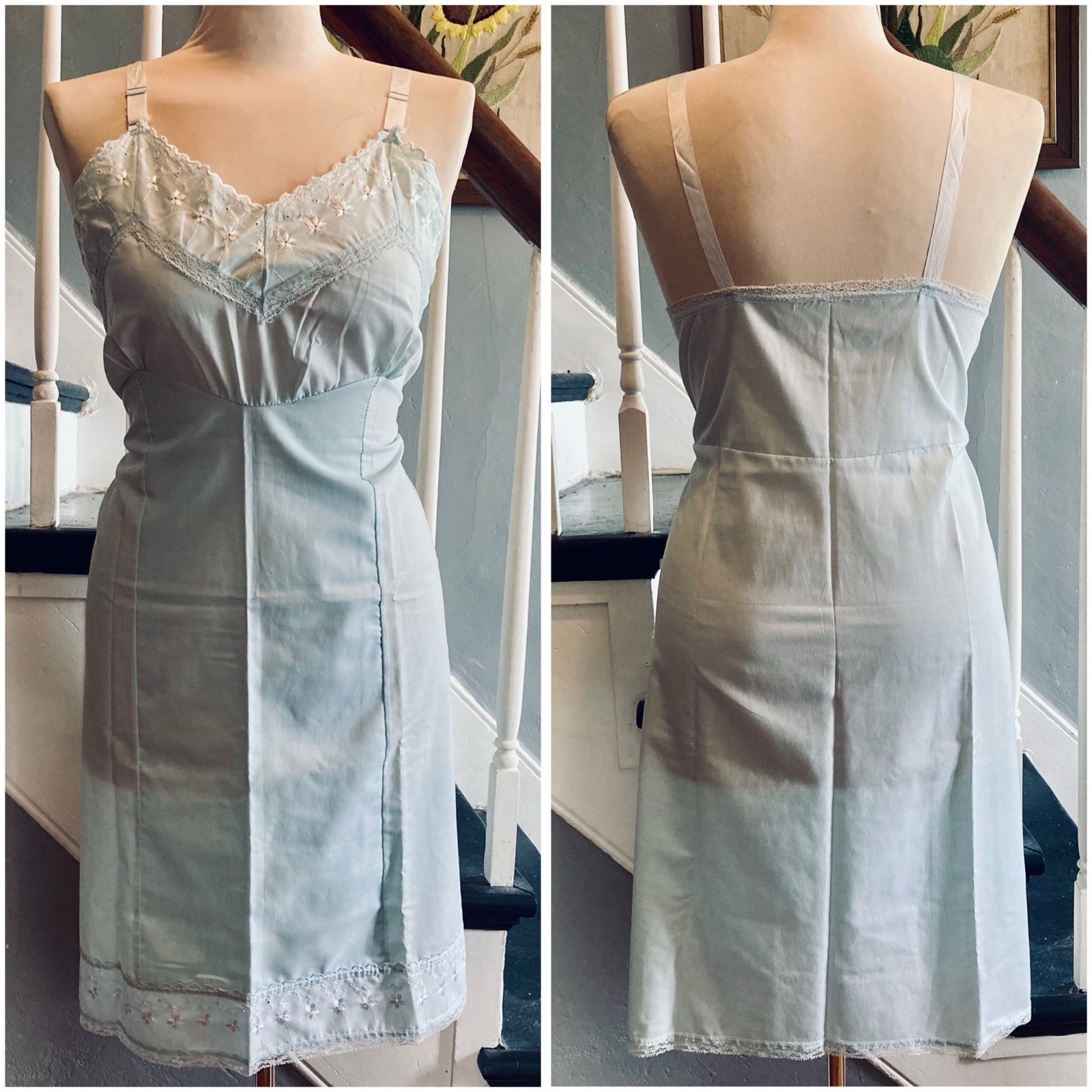 1970s Poly cotton Eyelet Lace Midi Slip Pastel Baby Blue Lingerie Pinup Hippie