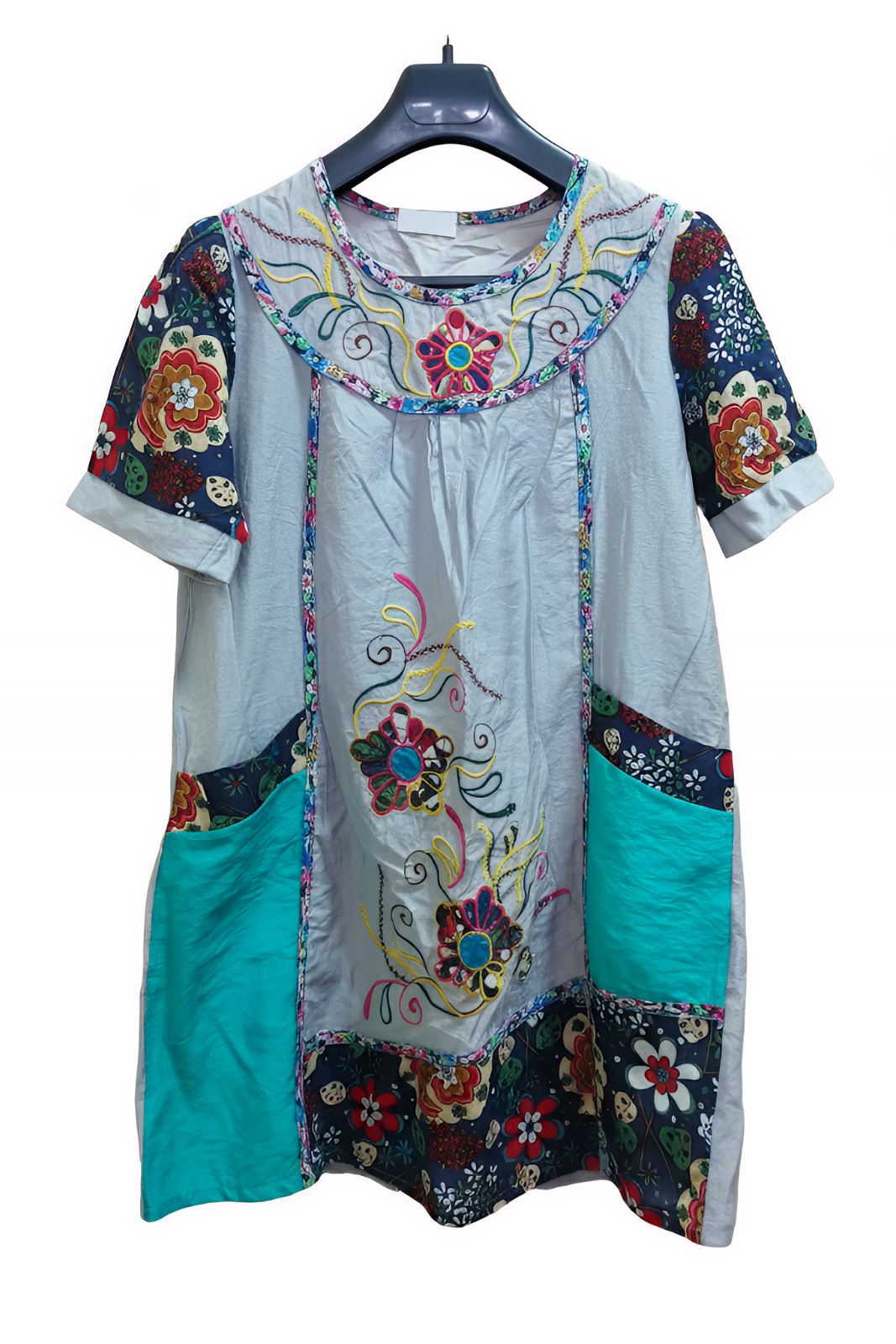 Boutique Upcycled Patched Tunic Duster | Colorful Hippie Artisan Studio Piece M+