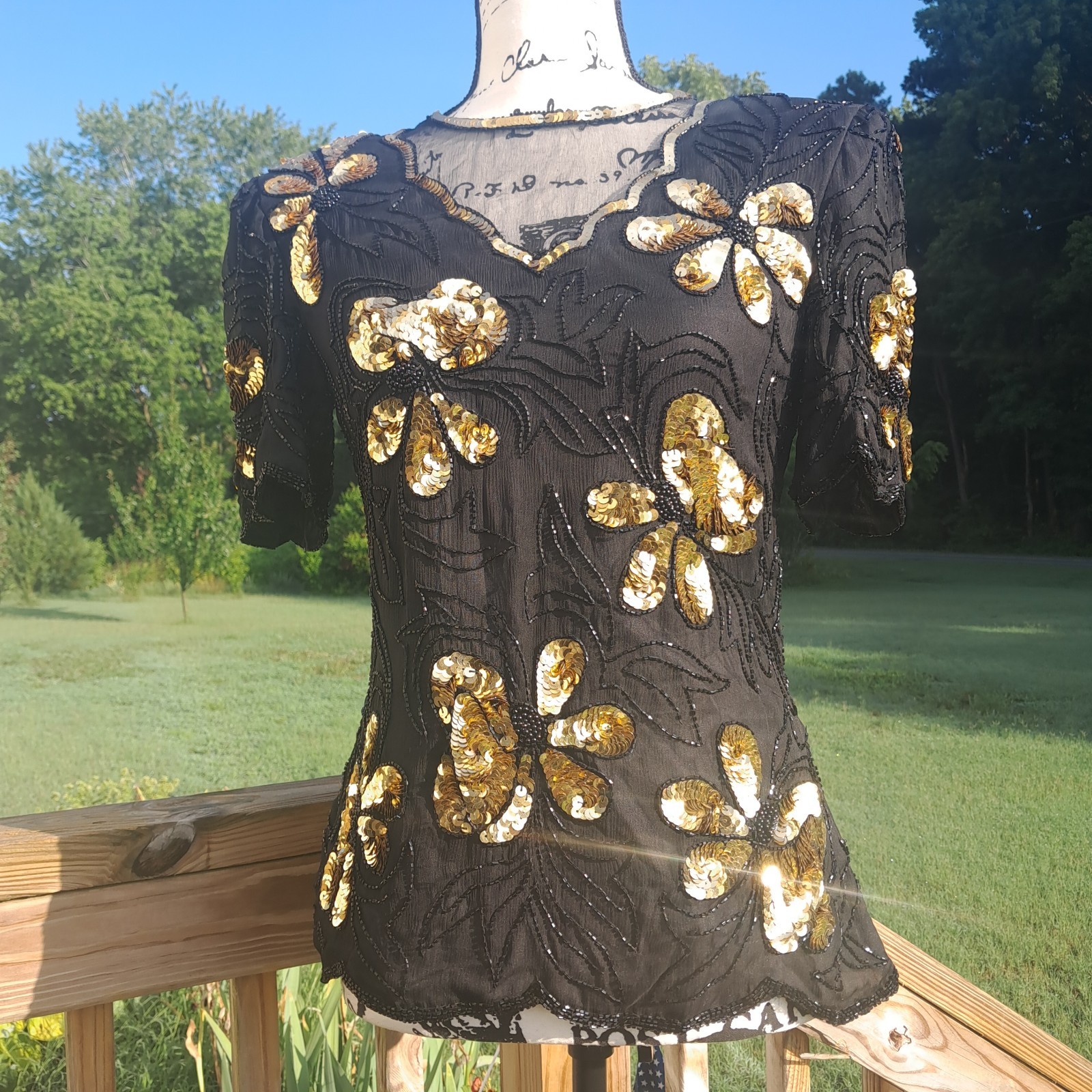 Vintage Stenay Silk Sequin Beaded Top Small Floral Black Gold Regency Goth Event