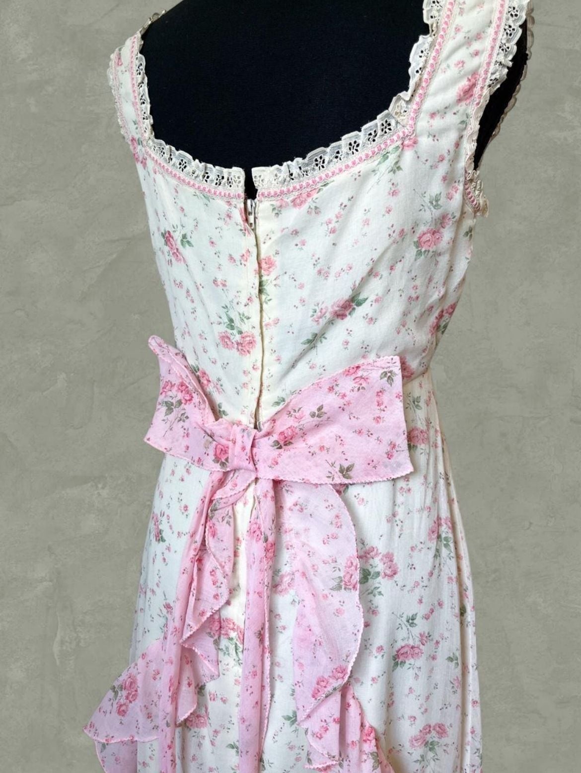 Sylvia Ann Vintage 1970s Floral Prairie Maxi Dress with Ruffles and Bow Back