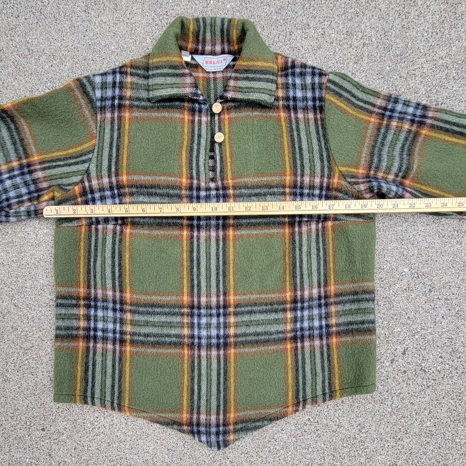 Vintage 50s 60s Brent 100% Wool Loop and Button Olive Plaid Pointed Hem Pullover