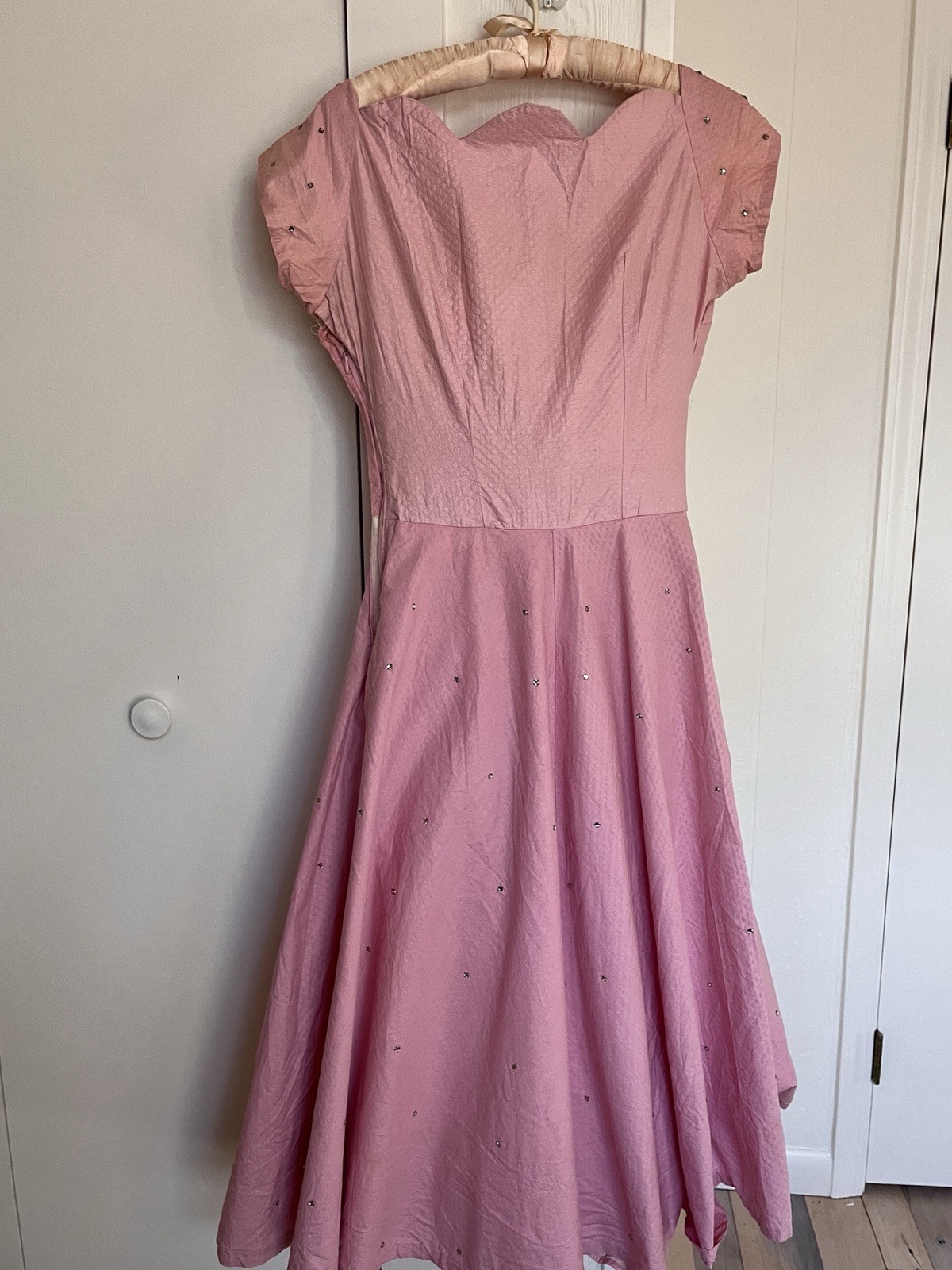 Orig 50s Pinup Dress Pink Cotton Rhinestone Swing Skirt Sun Fun California SM