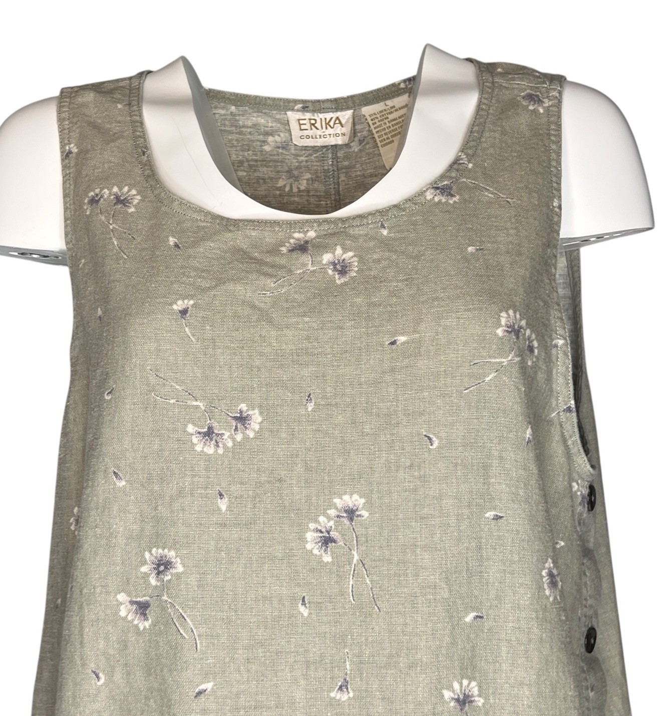Vtg Erika Cottagecore Midi Dress Womens L Beige Floral Linen Blend Sleeveless