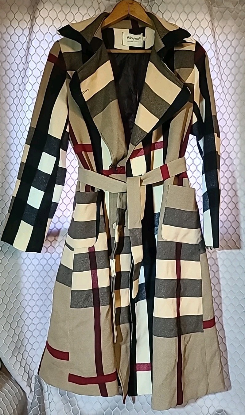 Vintage Allaiyou Classic Plaid Trench Overcoat Women L Belted London Look Rayon