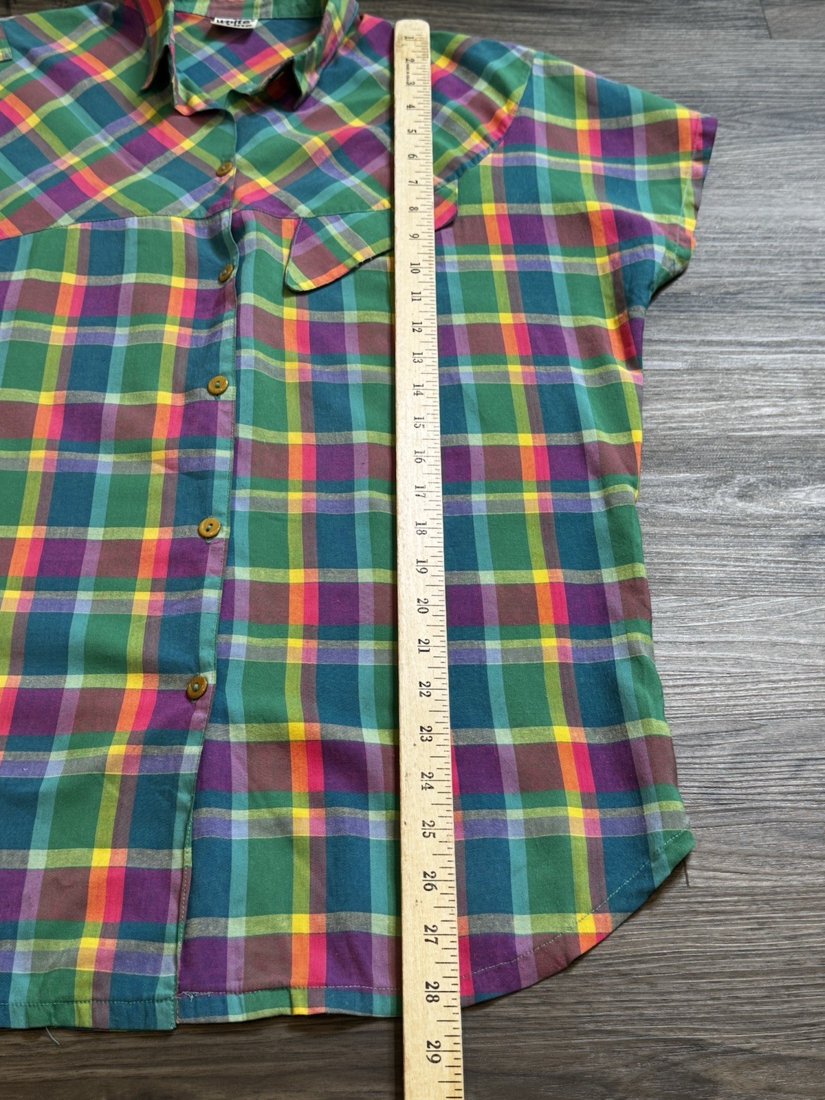 Vintage 80s Rainbow Plaid Button Down Camp Shirt Retro Dopamine Quirky Top