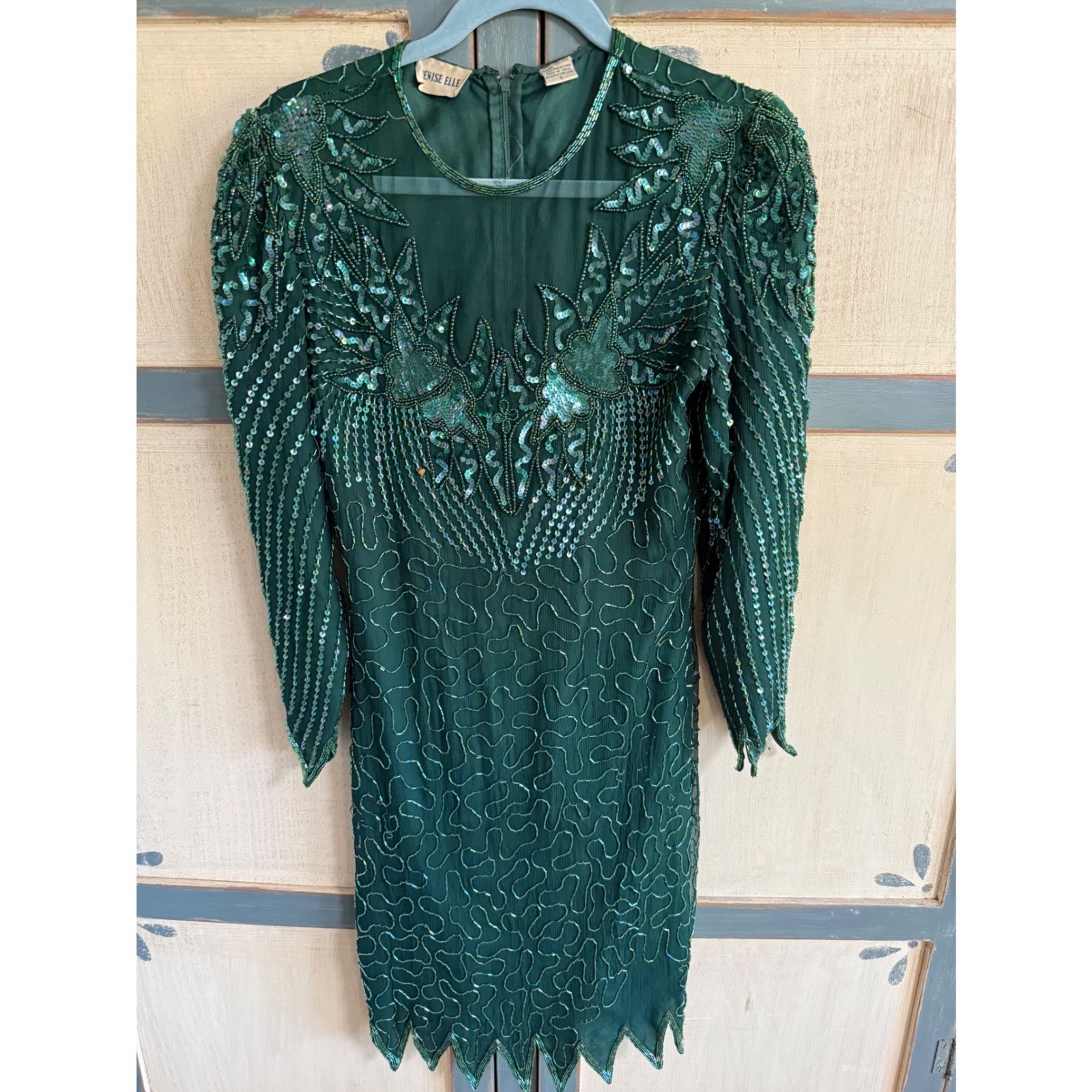 Denise Elle Vintage Green Silk Beaded Sequin Cocktail Dress 80s Flapper Gatsby S