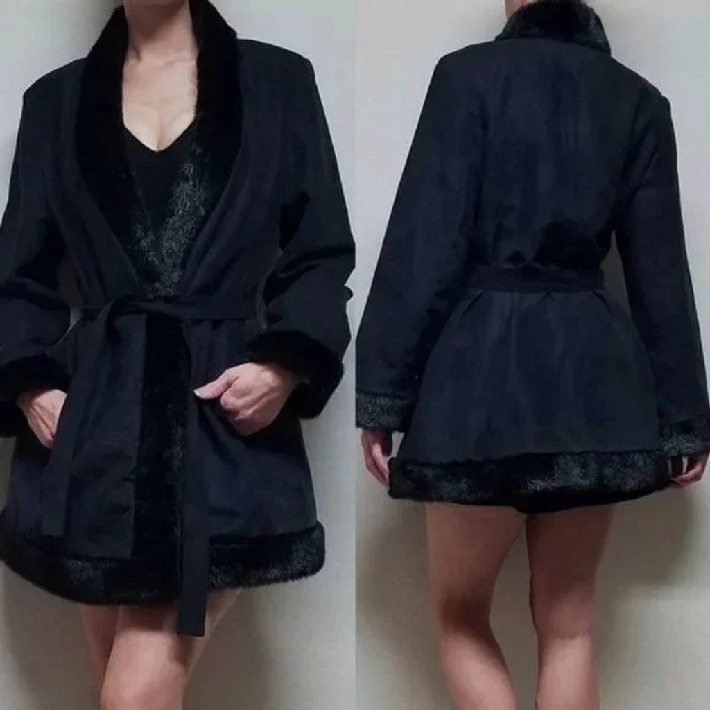 80s Vintage Extra Point by Reference Point Black Faux Suede Faux Fur Belted Coat